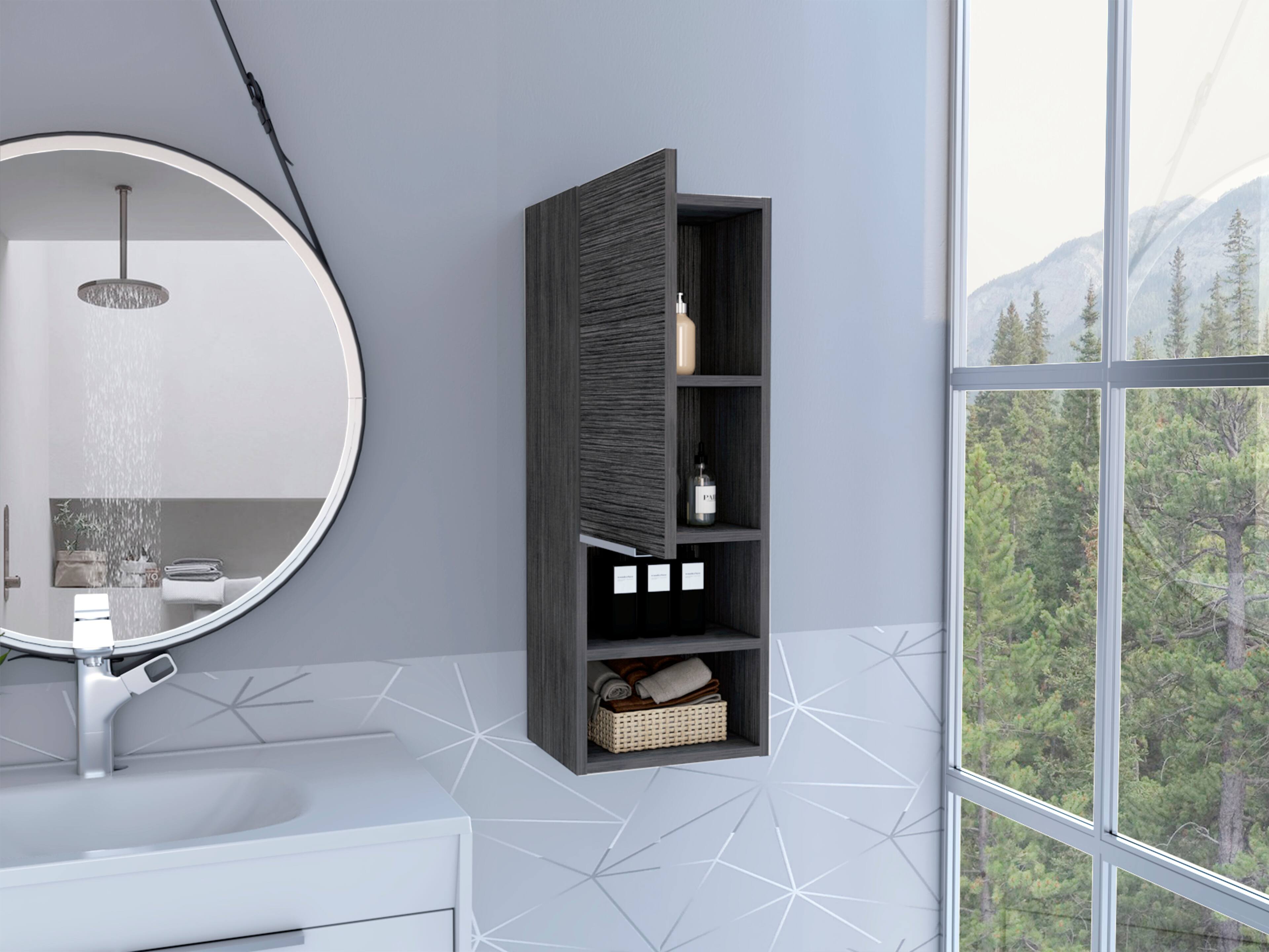 Left. TuHome - Mila Bathroom Cabinet, Two Interior Shelves, Two External Shelves, Single Door Cabinet - Smokey Oak.