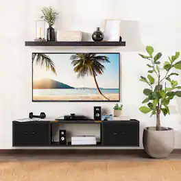 Oumilen - 53"Floating TV Stand with Power Outlets, Wall-Mounted Entertainment Center for TVs up to 55" - Black