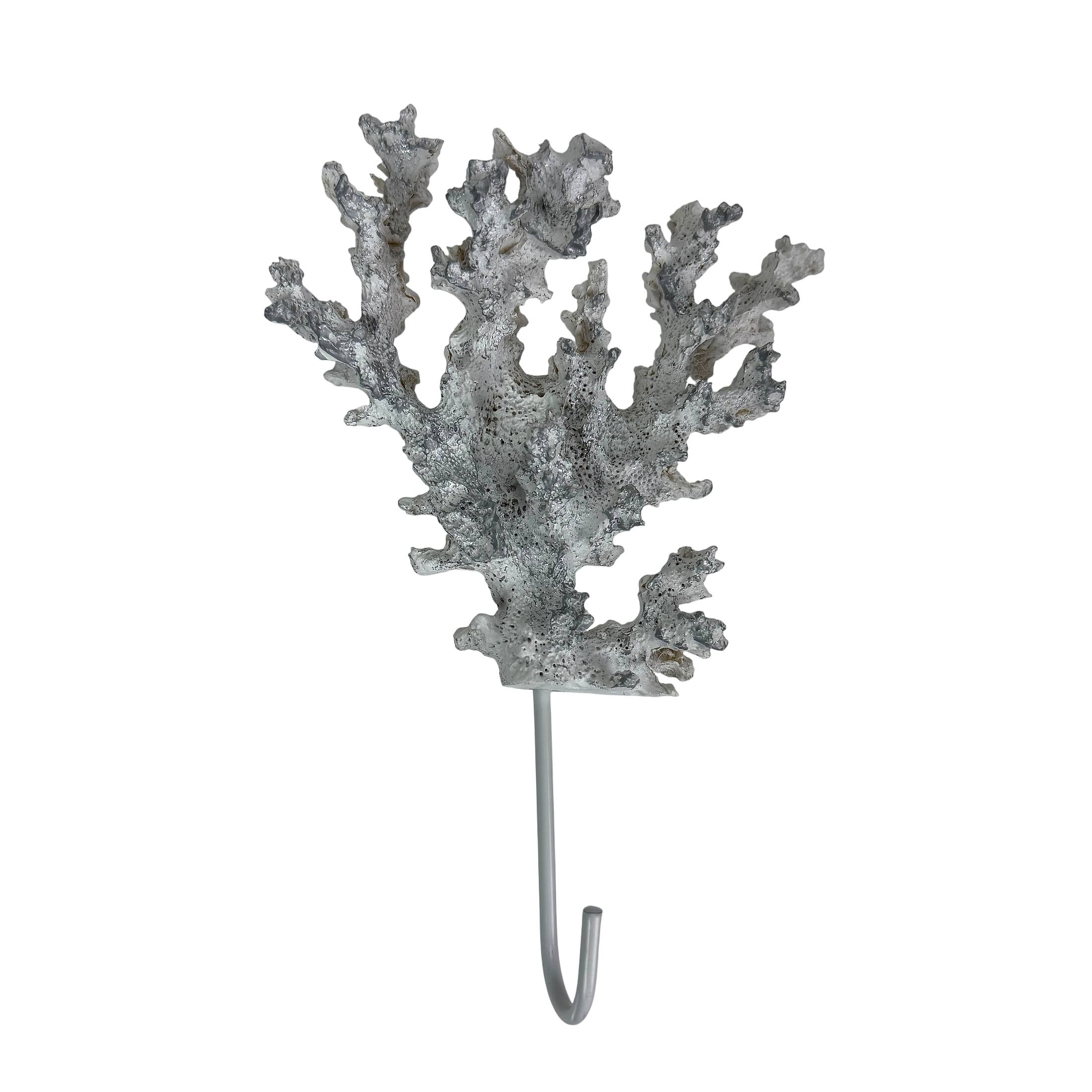 Fancy That - Decorative Coral Wall Hook Silver 7.25 in Resin Metal Key Hook - White