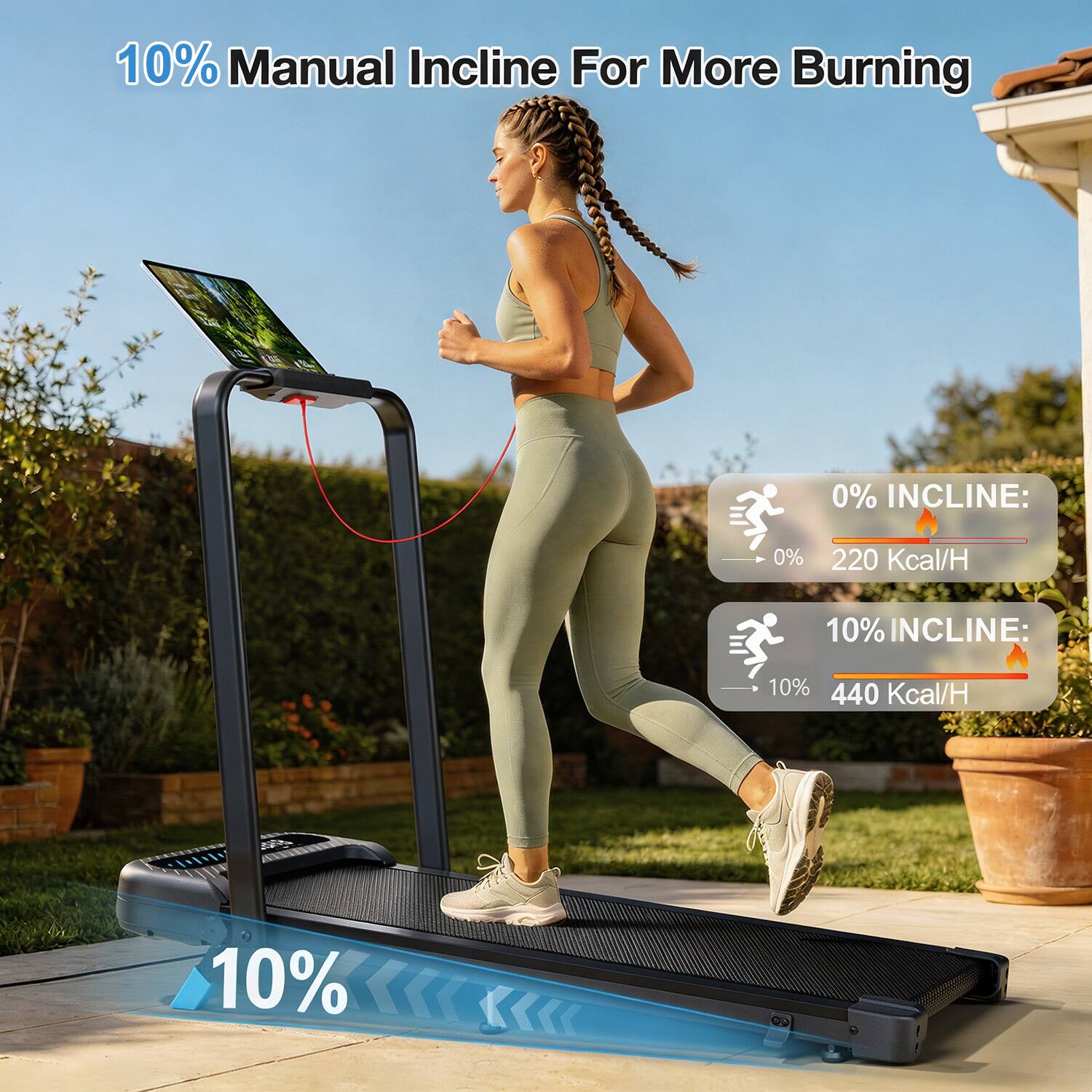 10% Manual Incline For More Burning

0% INCLINE:
0% 220 Kcal/H

10% INCLINE:
10% 440 Kcal/H