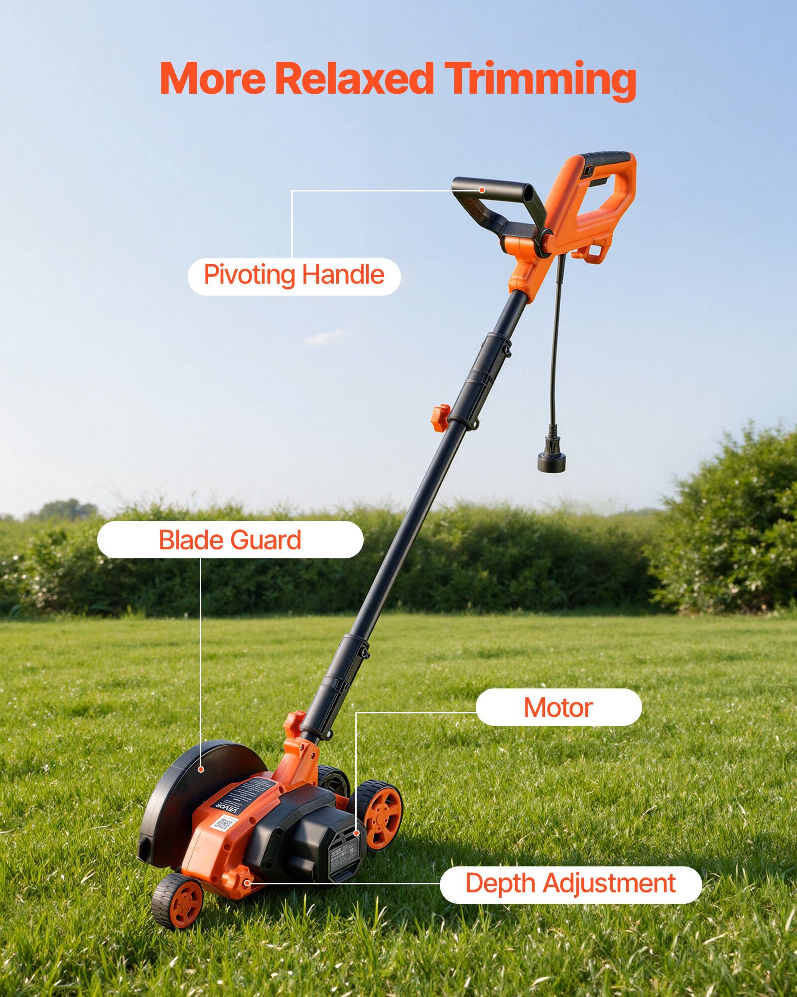 More Relaxed Trimming  
Pivoting Handle  
Blade Guard  
Motor  
Depth Adjustment