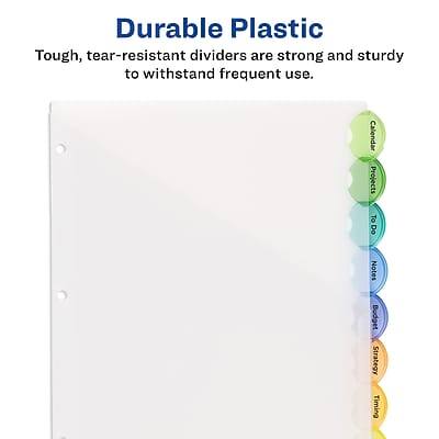 Durable Plastic  
Tough, tear-resistant dividers are strong and sturdy to withstand frequent use.

Calendar  
Projects  
To Do  
Notes  
Budget  
Strategy  
Timing