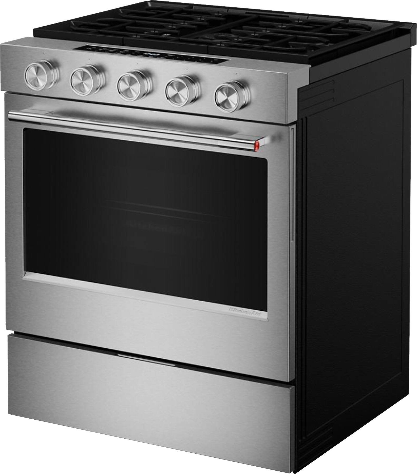 Angle. KitchenAid - 5.0 Cu. Ft. Slide-In Gas True Convection Range with Self Clean, Steam Clean, and 2-in-1 Burner - Fingerprint Resistant Stainless Steel.