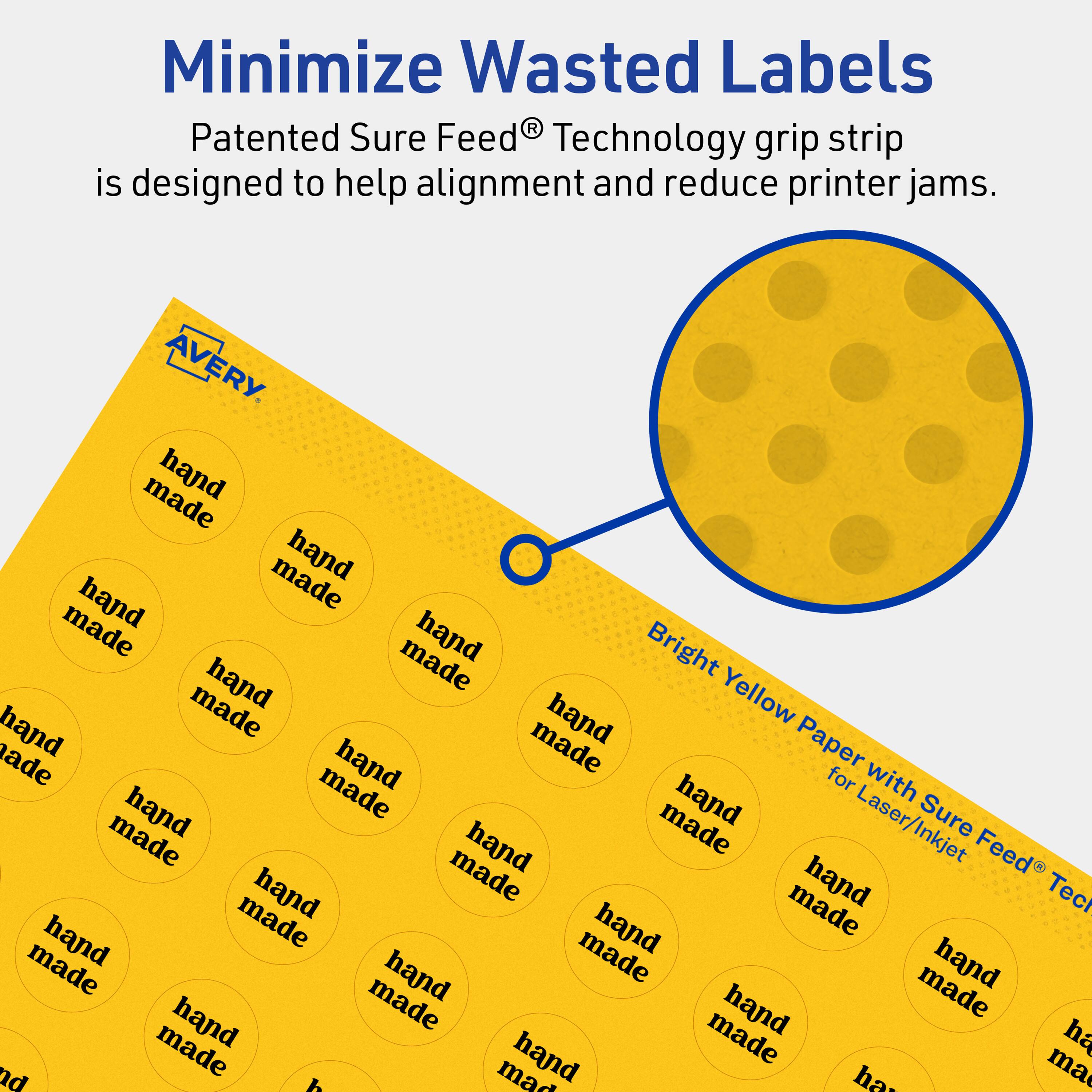 Minimize Wasted Labels

Patented Sure Feed® Technology grip strip is designed to help alignment and reduce printer jams.

AVERY

Bright Yellow Paper with Sure Feed® Technology for Laser/Inkjet
