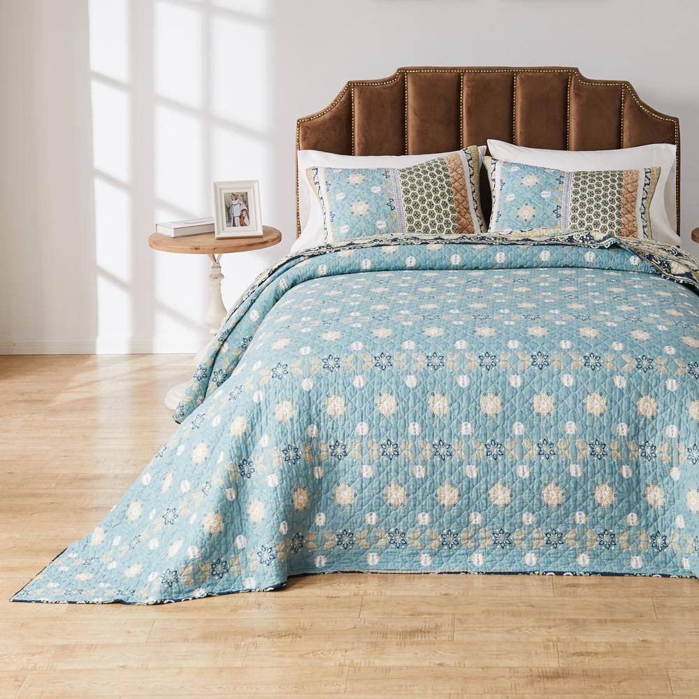 Alt View 3. Greenland Home Fashions - Greenland Home Fashions Thalia Stylized Florals and Geometric Prints Bohemian 3 Piece Bedspread Set Queen Blue - Blue.