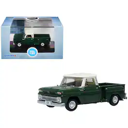 1965 Chevrolet C10 Stepside Pickup Truck Dark Green with Ivory Top 1/87 (HO) Scale Diecast Model Car by Oxford Diecast