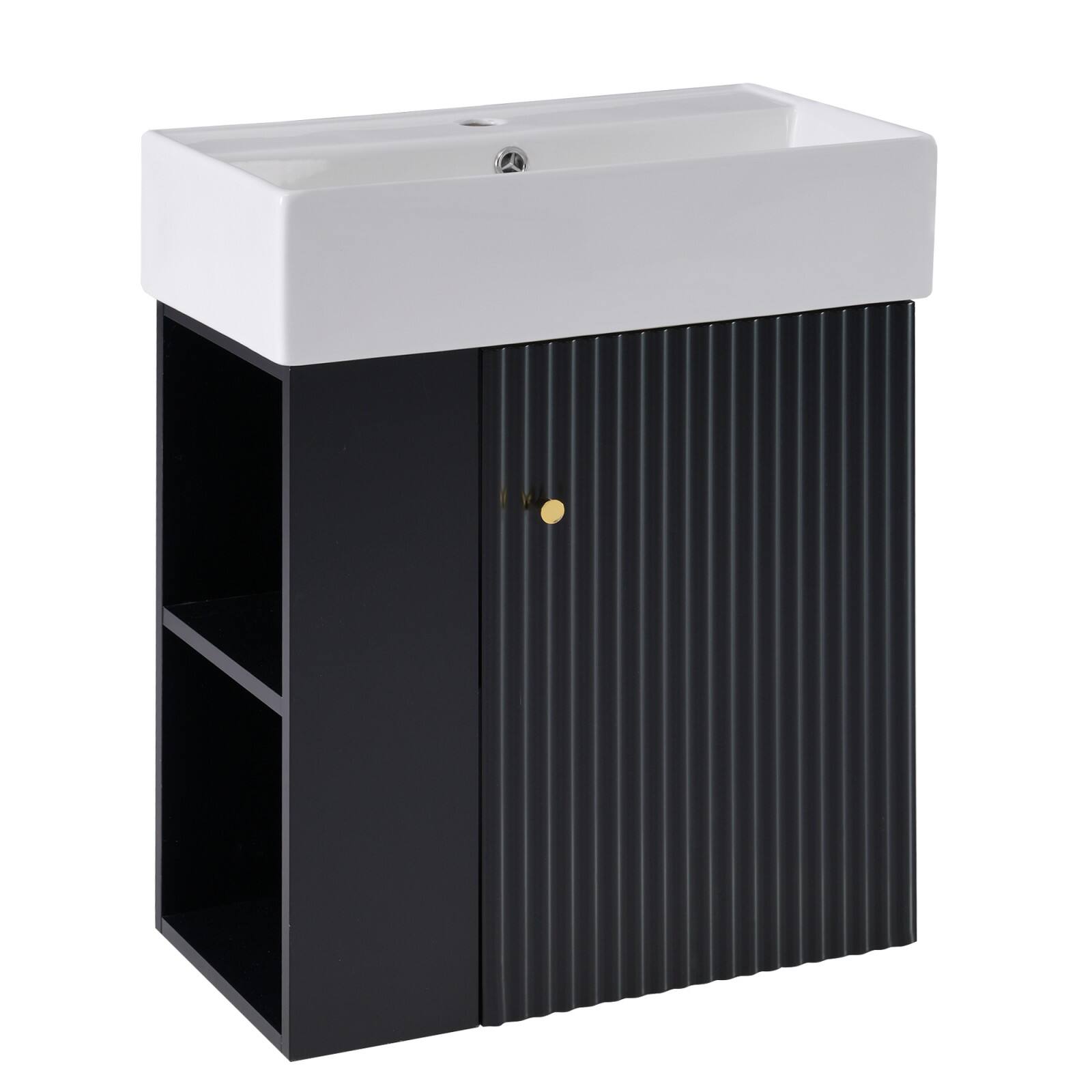 Front. Glintex - 21.6 inch Modern Floating Bathroom Vanity with Ceramic Basin - Perfect for Small Bathrooms, Left side storage - Black.