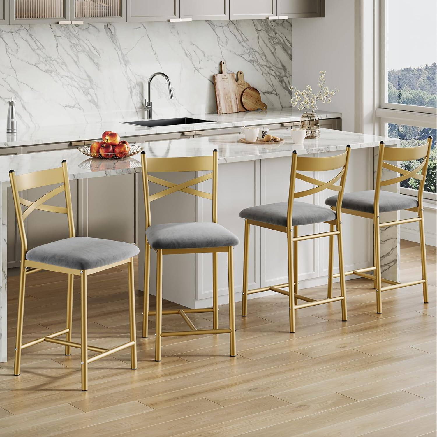 Front. GARVEE - 22" Bar Stools Set of 4, Counter Height Bar Stools with PU Upholstered Seat, Metal Frame Kitchen Bar Chairs, Gold - Gold.