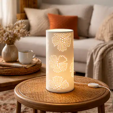 Front. FC Design - 11"H Golden Cylinder w/ Floral Pierced Glow Design Table Lamp.