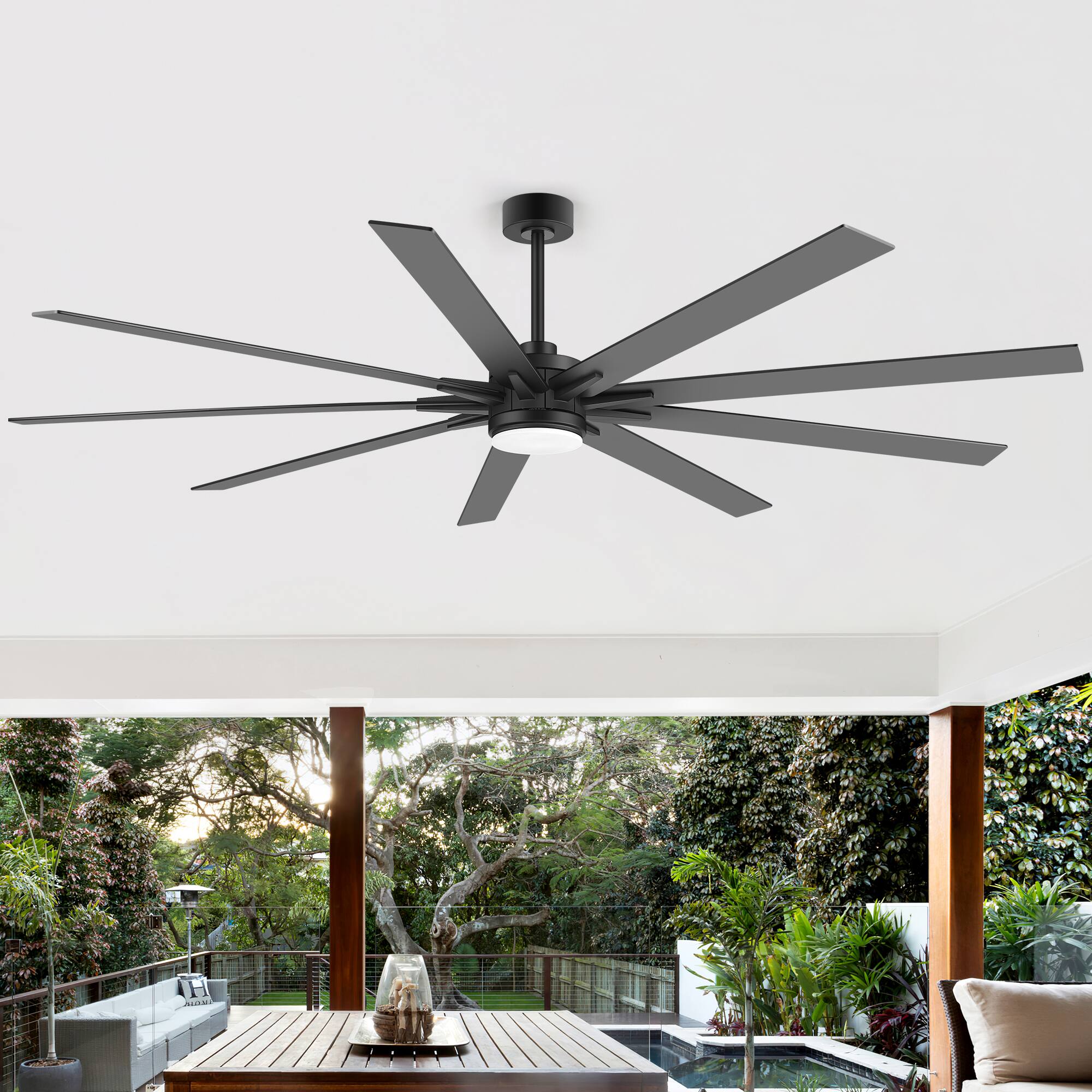 Alt View 6. Breezary - 72/84 Inch LED Ceiling Fan, 9 Blades, 24W LED Light, DC Motor, 6 Speeds, Memory Function, Timer, Remote & Downrod Mount - 84-in Black.