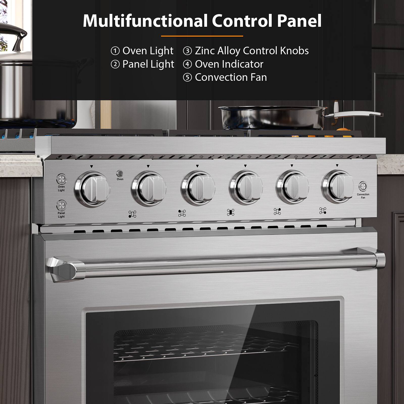 Multifunctional Control Panel
1. Oven Light
2. Panel Light
3. Zinc Alloy Control Knobs
4. Oven Indicator
5. Convection Fan
