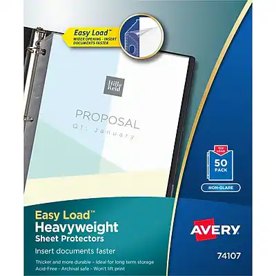 Easy Load™
WIDER OPENING INSERT DOCUMENTS FASTER
Hille Reid
PROPOSAL
01 January
Easy Load™
Heavyweight
Sheet Protectors
Insert documents faster
Thicker and more durable - Ideal for long term storage
Acid-Free - Archival safe - Won't lift print
50 PACK
NON-GLARE
AVERY
74107