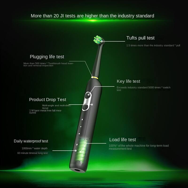 More than 20 JI tests are higher than the industry standard

Tufts pull test  
1.5 times more than the industry standard pull

Plugging life test  
More than 500 times * Toothbrush head insertion and removal inspection

Key life test  
Exceeds industry standard 5000 times * switch test

Product Drop Test  
Multi-angle and multi-directional 1 M bare metal free fall measured

Daily waterproof test  
1000mm * water depth 60 minute timeout long test

Load life test  
100% * of the whole machine for long-term load measurement test