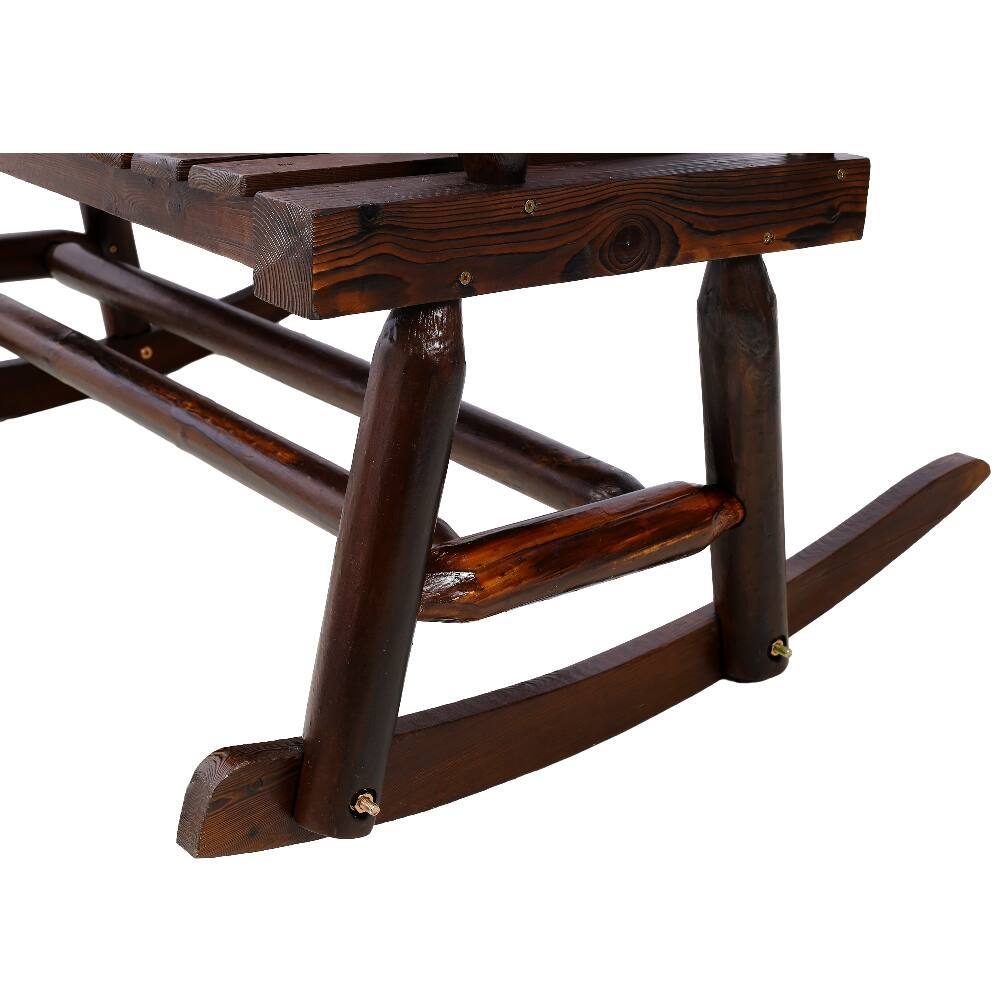 Alt View 9. Loheer - Loheer Outdoor Wood Rocking Bench, Carbonized Double Rocking Chair, Rustic Brown Porch Rocker - Rustic Brown.