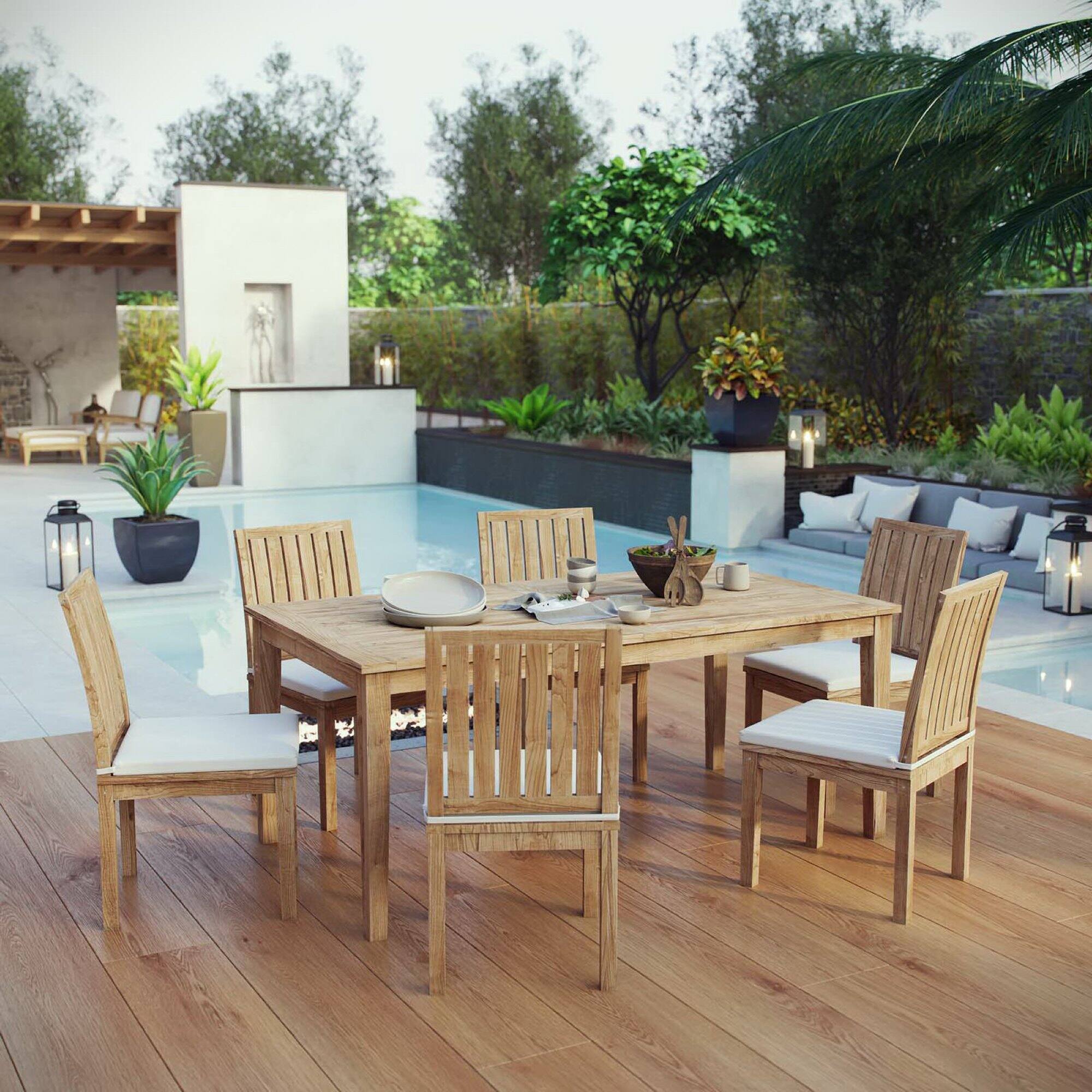 Alt View 3. Modway - Marina 7-Piece Outdoor Teak Patio Dining Set - Natural White.