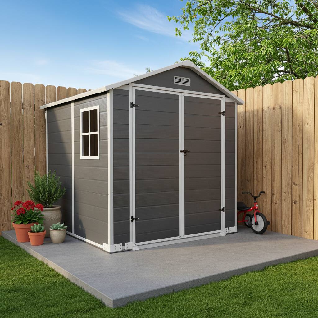 Angle. Loheer - Loheer 6x6 Ft Plastic Outdoor Storage Shed Resin Garden Shed with Floor and Lockable Door Gray.
