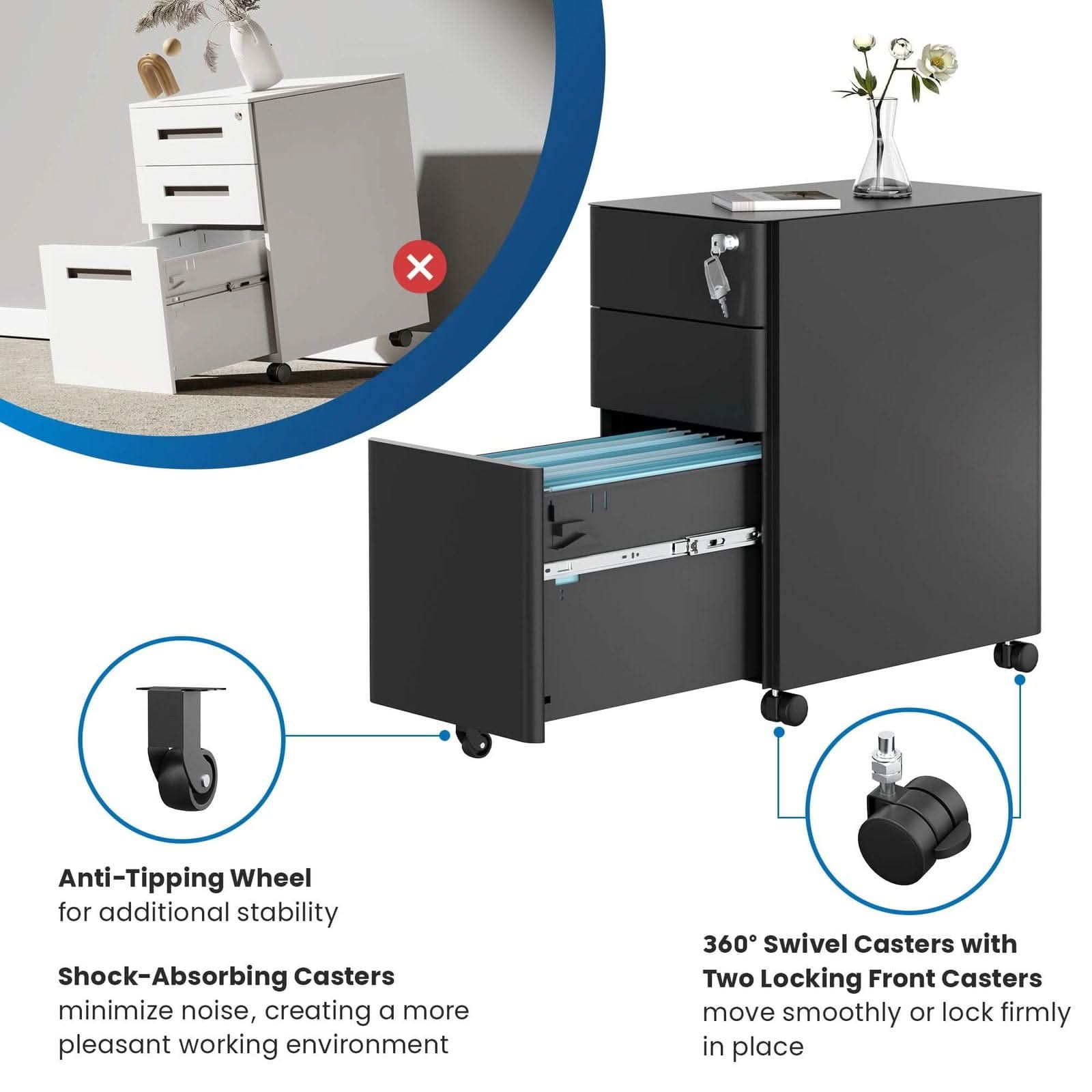 Anti-Tipping Wheel for additional stability  
Shock-Absorbing Casters minimize noise, creating a more pleasant working environment  
360° Swivel Casters with Two Locking Front Casters move smoothly or lock firmly in place