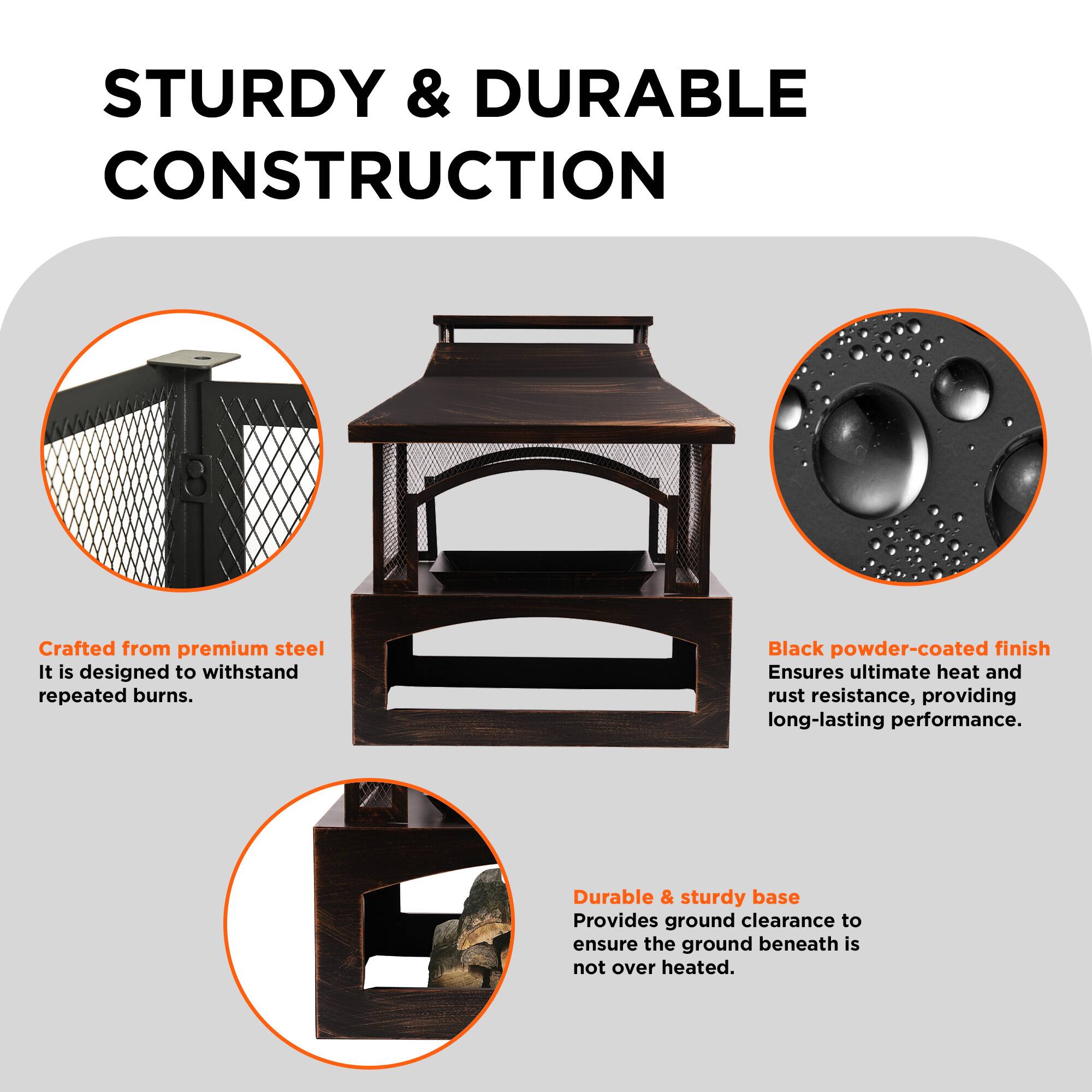 STURDY & DURABLE CONSTRUCTION Crafted from premium steel, this product is designed to withstand repeated burns. The black powder-coated finish ensures ultimate heat and rust resistance, providing long-lasting performance. Additionally, the durable and sturdy base provides ground clearance to ensure the ground beneath is not overheated.