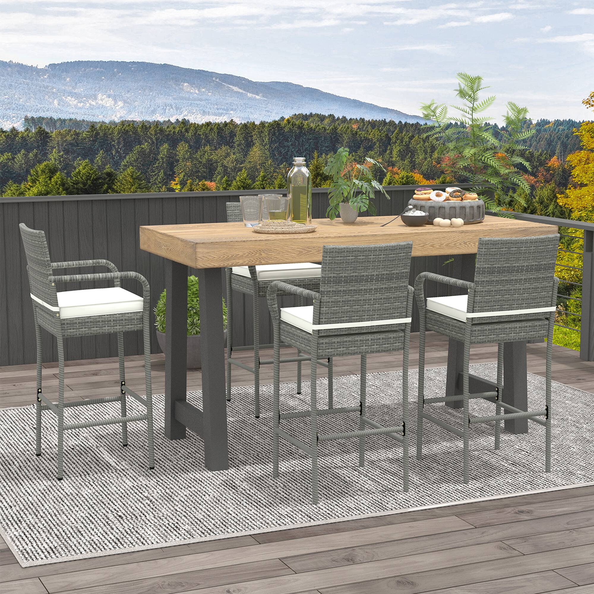 Alt View 4. Gymax - Gymax Set of 4 Rattan Patio Bar Stools Outdoor Bar Height Chairs w/ Cushions - Off White.