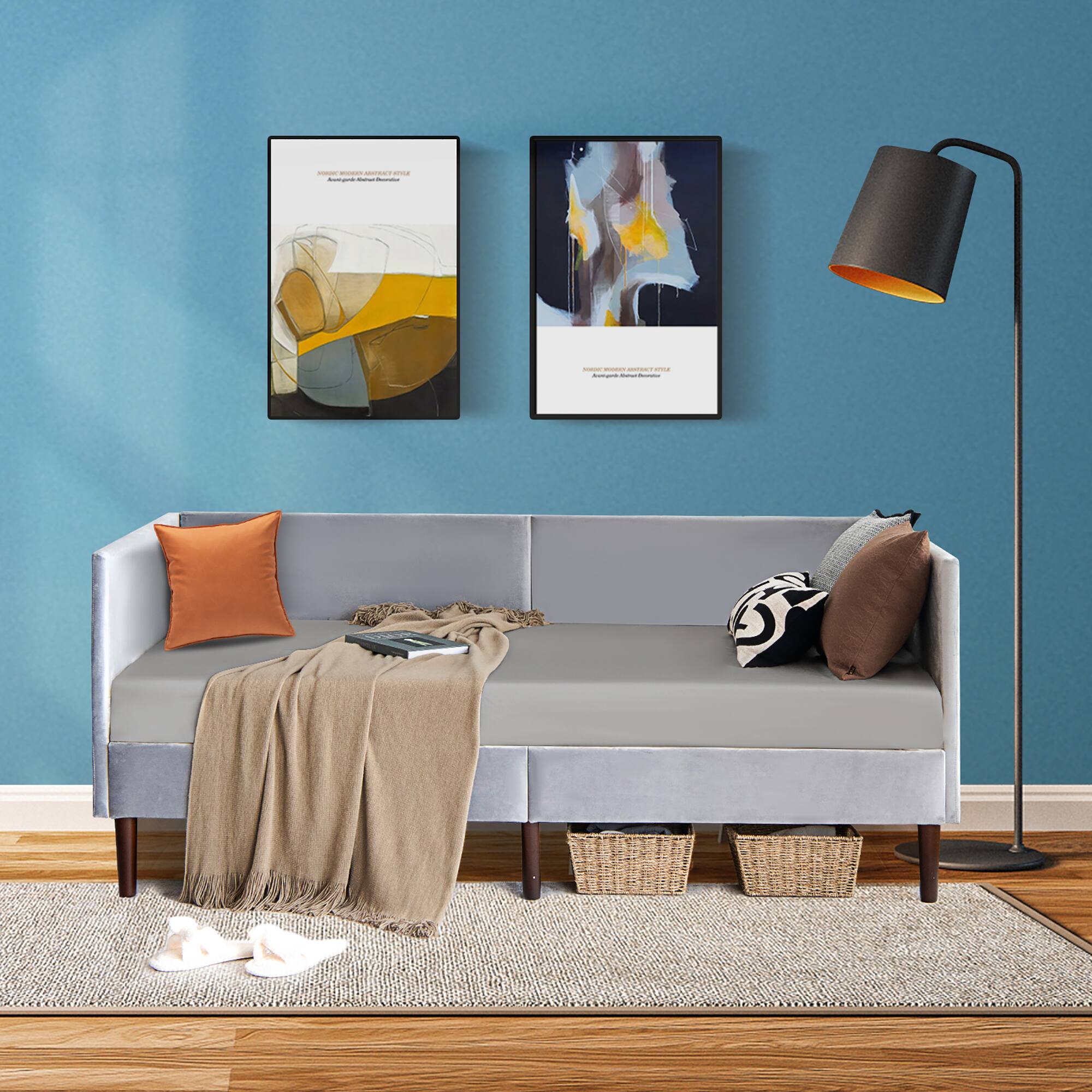 Alt View 8. Costway - Costway Twin Daybed Upholstered Linen Wooden Sofa Bed Frame Heavy Duty Living Room - Grey.