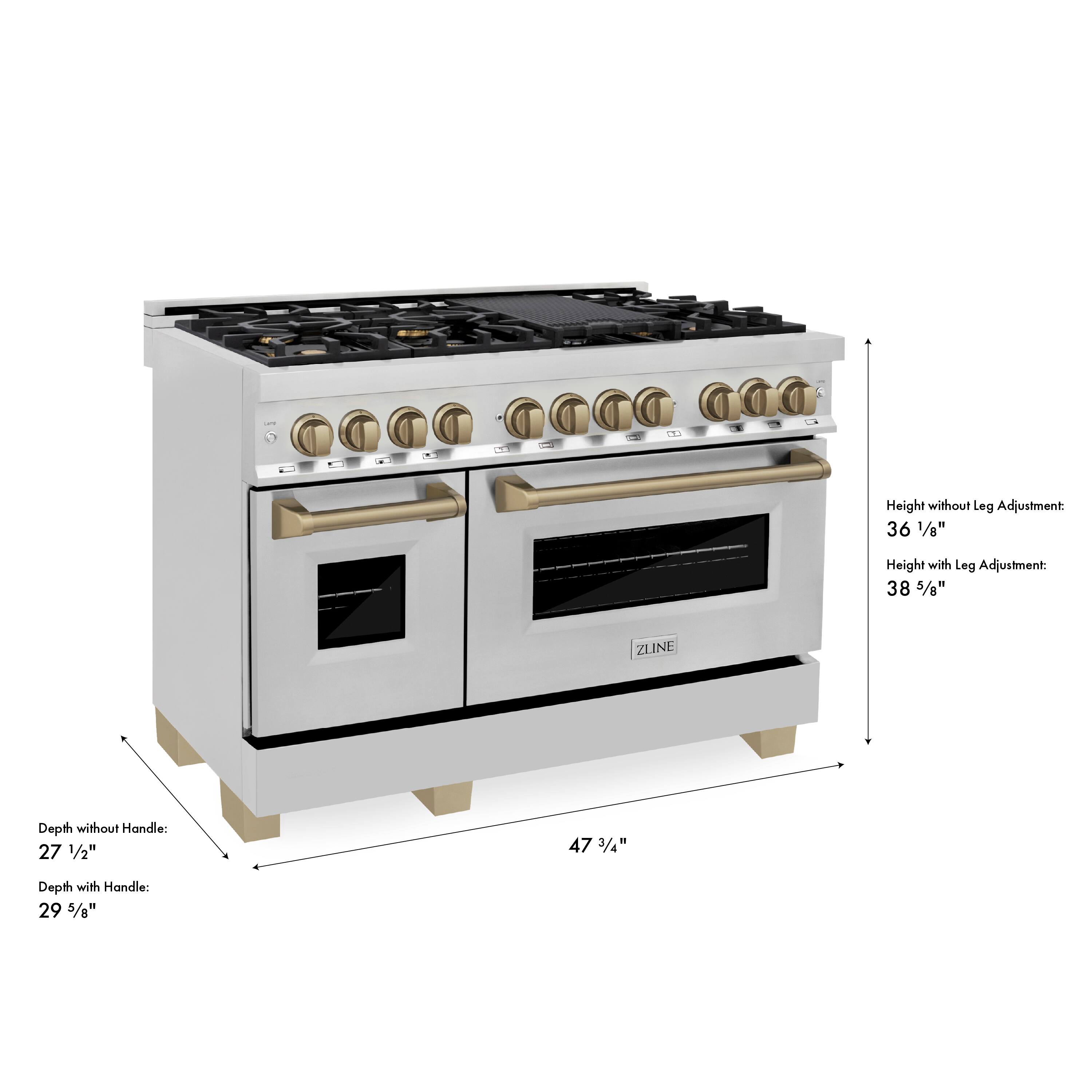 - Height without Leg Adjustment: 36 1/8"
- Height with Leg Adjustment: 38 5/8"
- Depth without Handle: 27 1/2"
- Depth with Handle: 29 5/8"
- Width: 47 3/4"