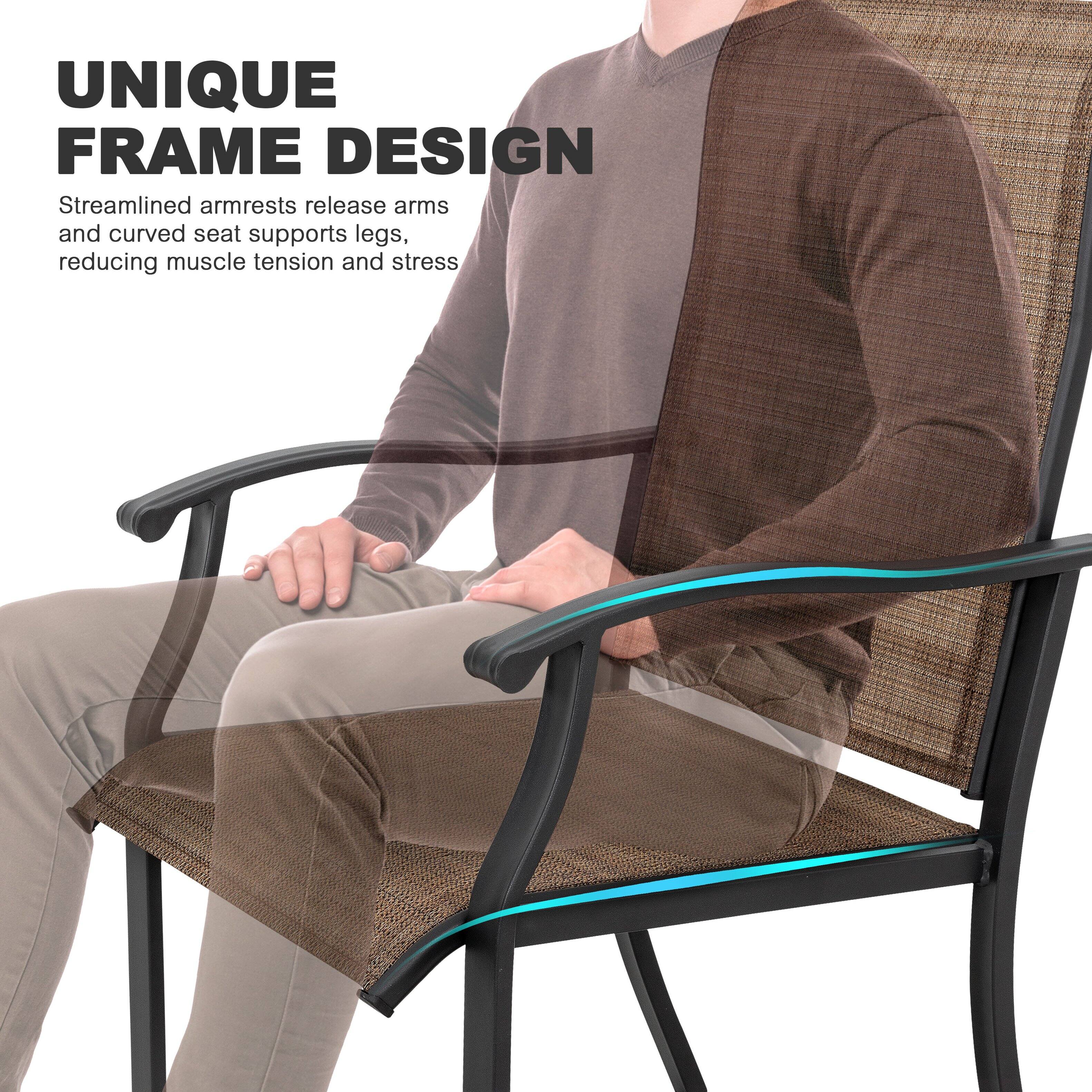 UNIQUE FRAME DESIGN

Streamlined armrests release arms and curved seat supports legs, reducing muscle tension and stress