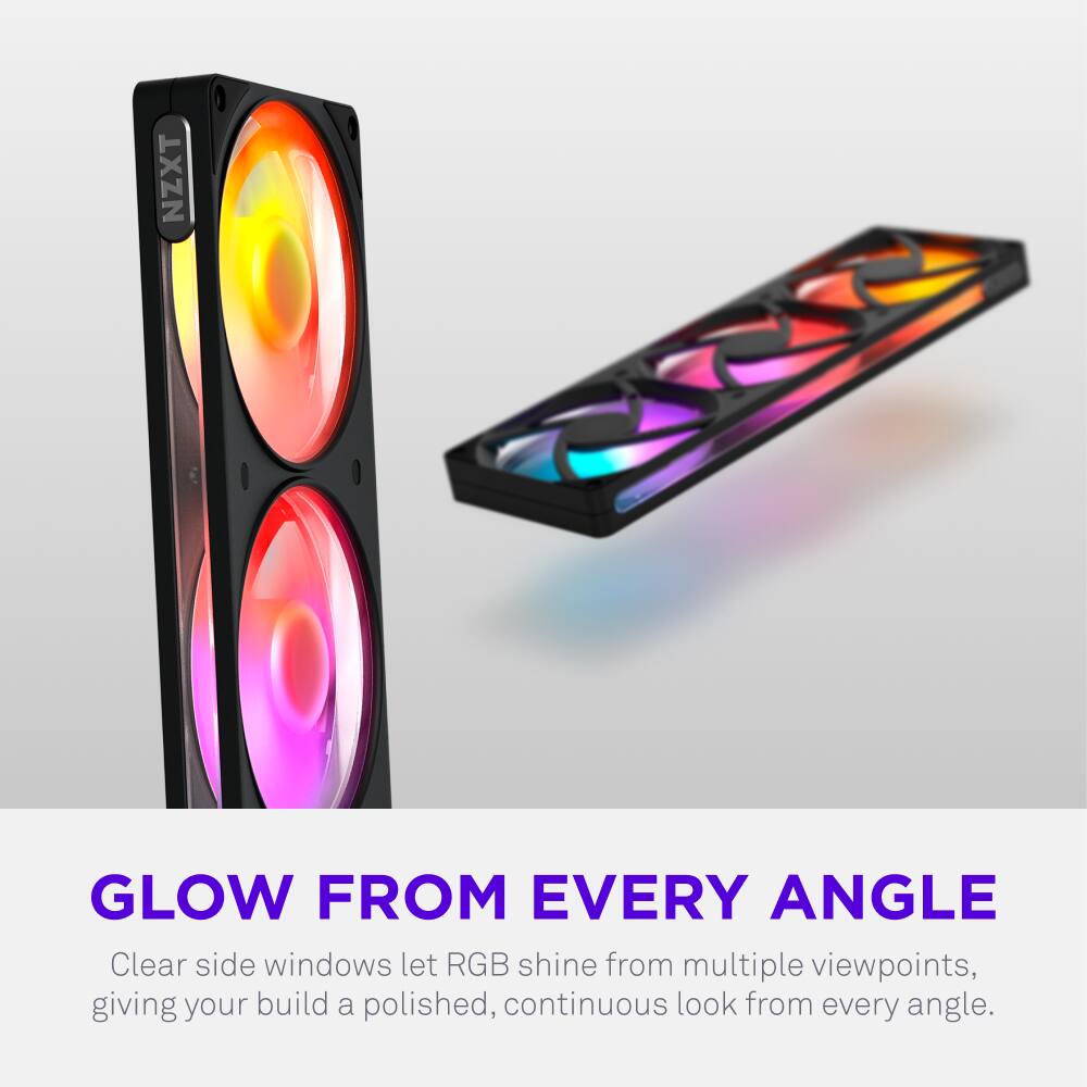 NZXT GLOW FROM EVERY ANGLE

Clear side windows let RGB shine from multiple viewpoints, giving your build a polished, continuous look from every angle.