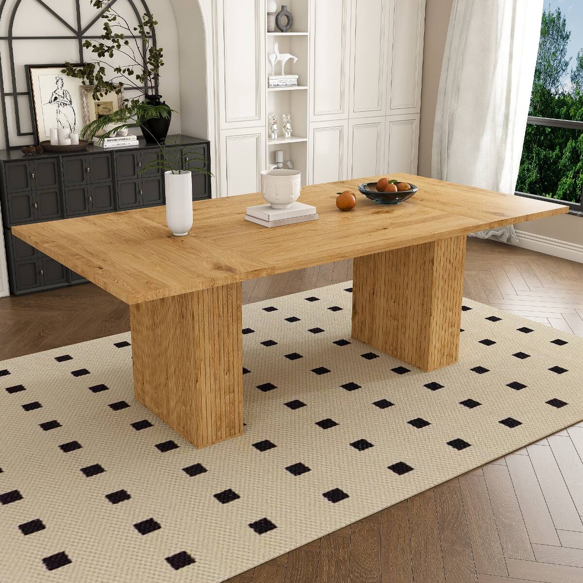 Front. Loheer - Loheer 78 Inch Dining Table for 6, Modern Farmhouse Rectangular Oak Wood Veneer Table with Storage Base - Oak.