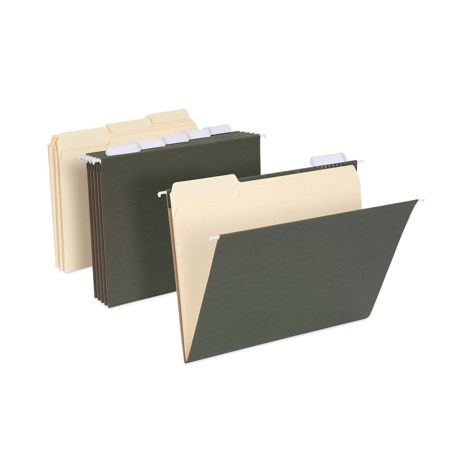 Front. Tops Business Forms - Hanging File Folder Combo Kit Letter Size (25) 1/5-Cut Standard Green Hanging Folders (50) 1/3-Cut Manila File Folders.