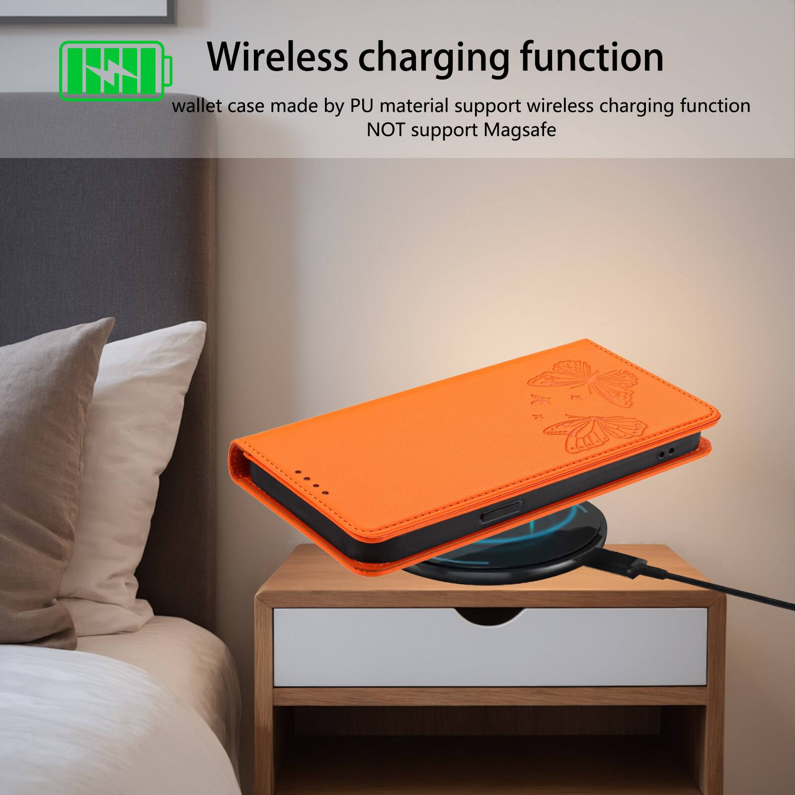 Wireless charging function

wallet case made by PU material support wireless charging function NOT support Magsafe
