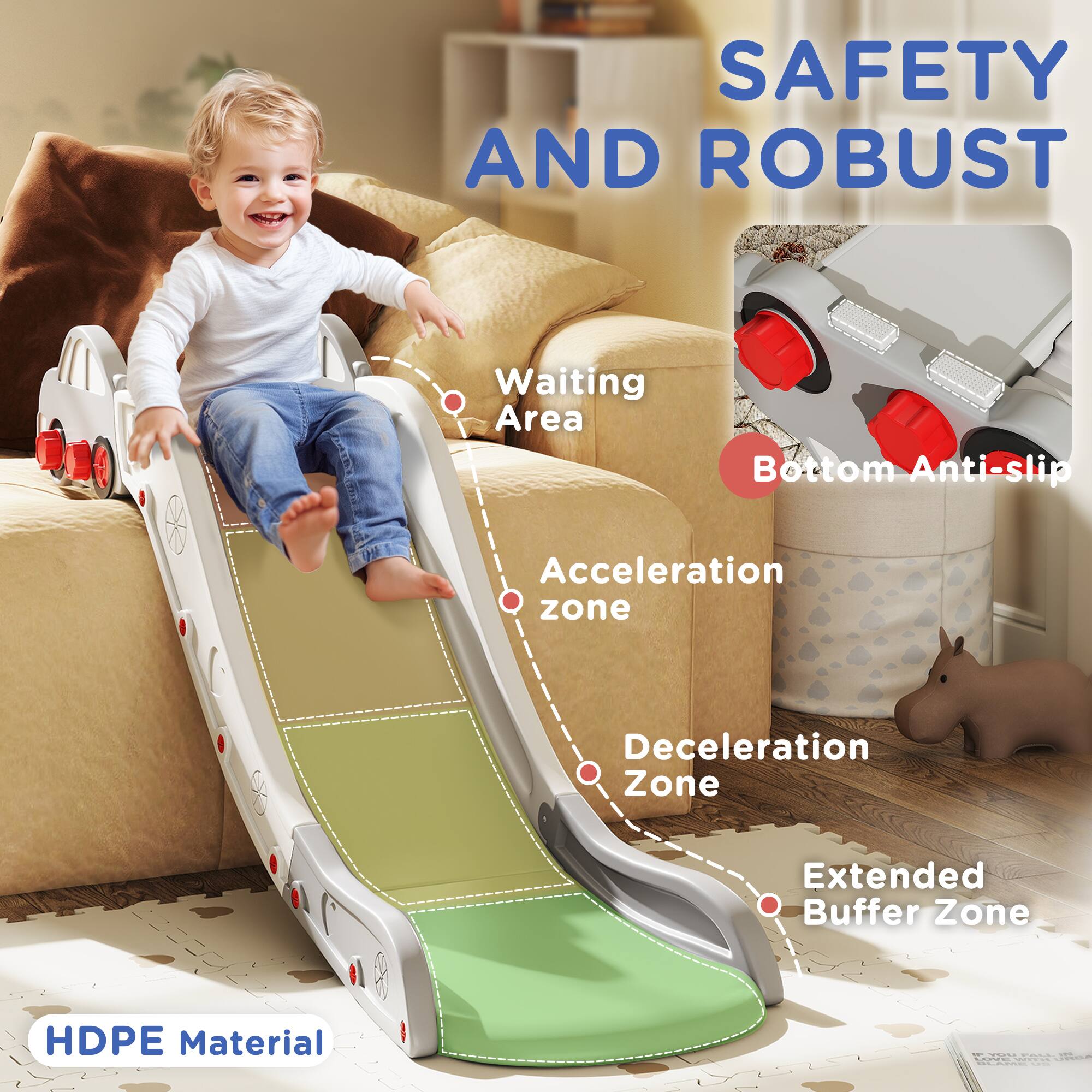 SAFETY AND ROBUST

Waiting Area
Bottom Anti-slip
Acceleration Zone
Deceleration Zone
Extended Buffer Zone
HDPE Material