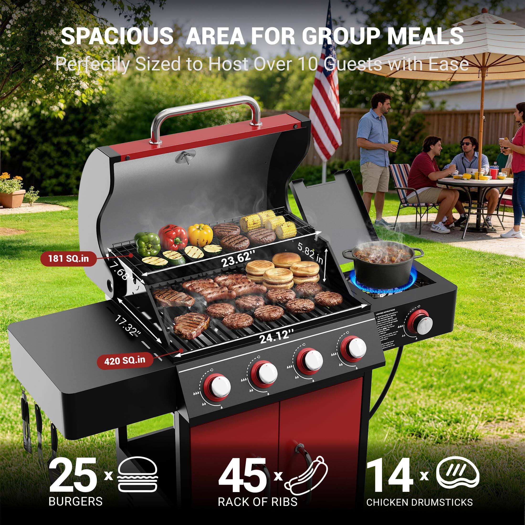 SPACIOUS AREA FOR GROUP MEALS  
Perfectly Sized to Host Over 10 Guests with Ease  

181 SQ.in  
23.62"  
5.82 in  
17.32"  
420 SQ.in  
24.12"  

25 x BURGERS  
45 x RACK OF RIBS  
14 x CHICKEN DRUMSTICKS