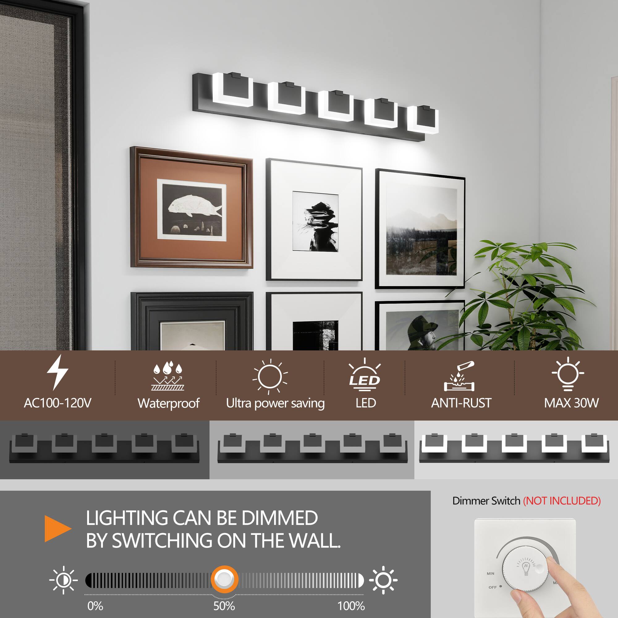 AC100-120V  
Waterproof  
Ultra power saving LED  
LED  
ANTI-RUST  
MAX 30W  

LIGHTING CAN BE DIMMED BY SWITCHING ON THE WALL.  

Dimmer Switch (NOT INCLUDED) - 0% 50% 100%