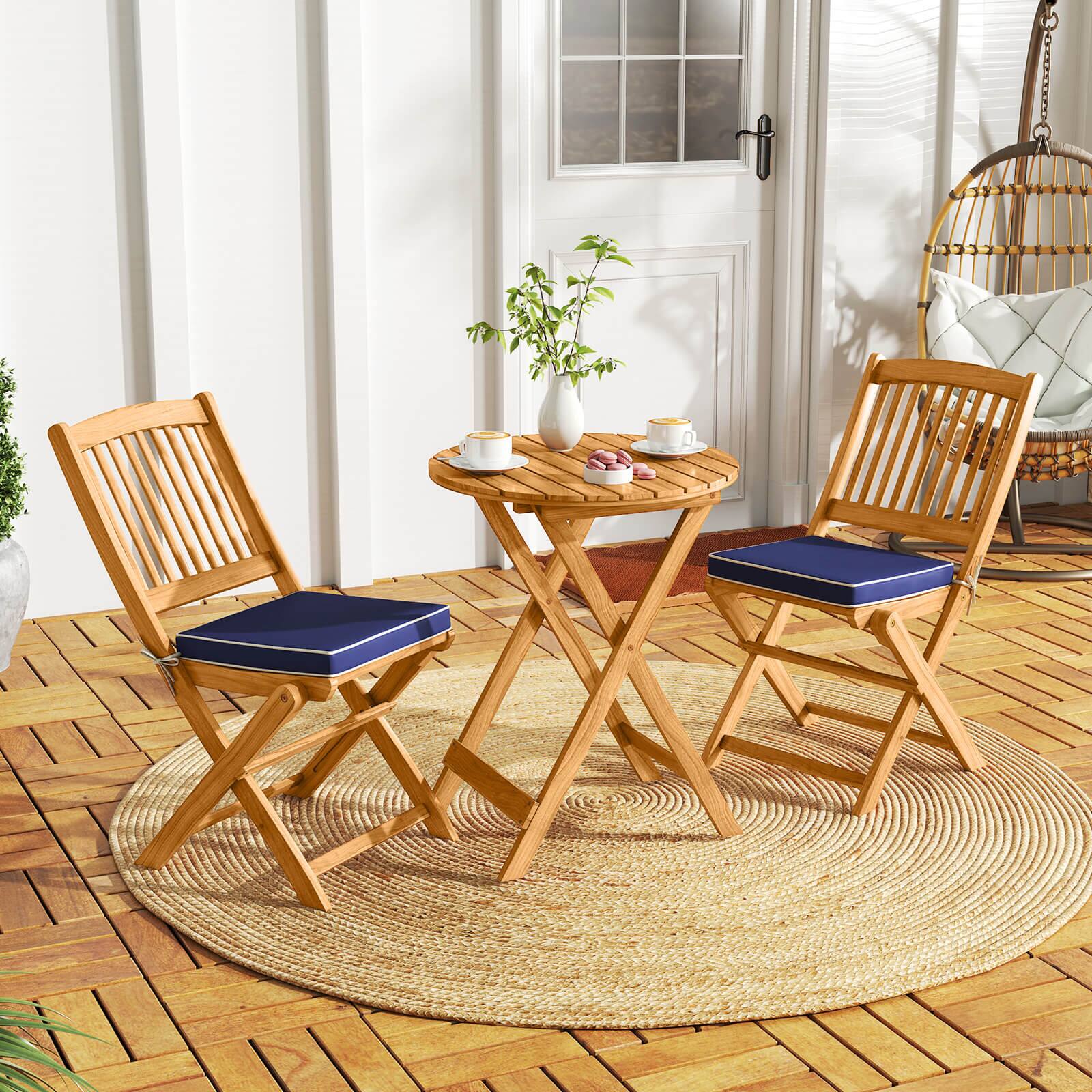 Alt View 4. Costway - 3 PCS Acacia Wood Patio Bistro Set Folding Table & Chairs Set with Cushions - Natural,Navy.