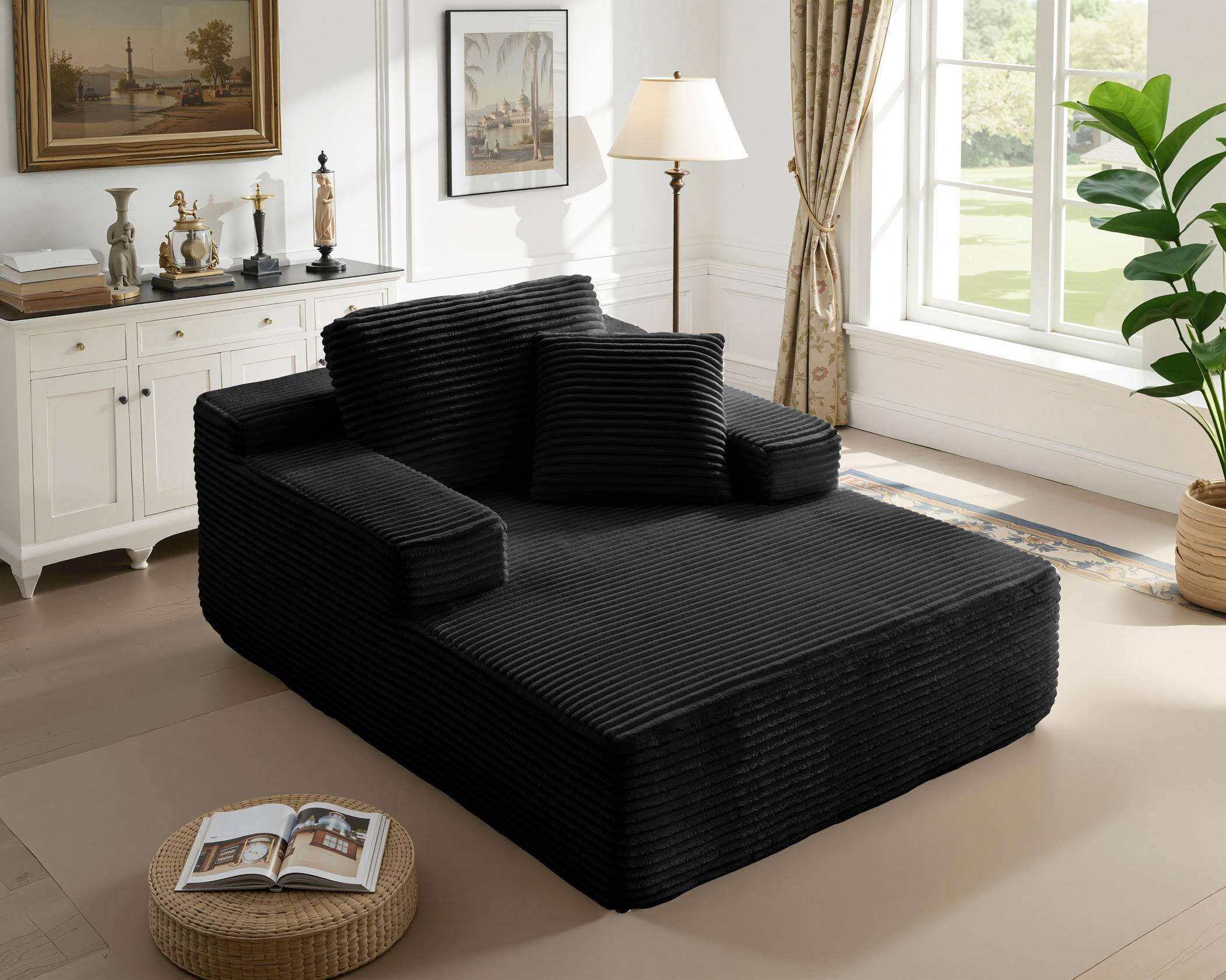 Alt View 2. Meqiodas - 67.5”Oversized Indoor Chaise Lounge, Sofa Bed, Living Room Sofa, Corduroy Upholstered Boneless Cloud Sofa, No Assembly - Black.