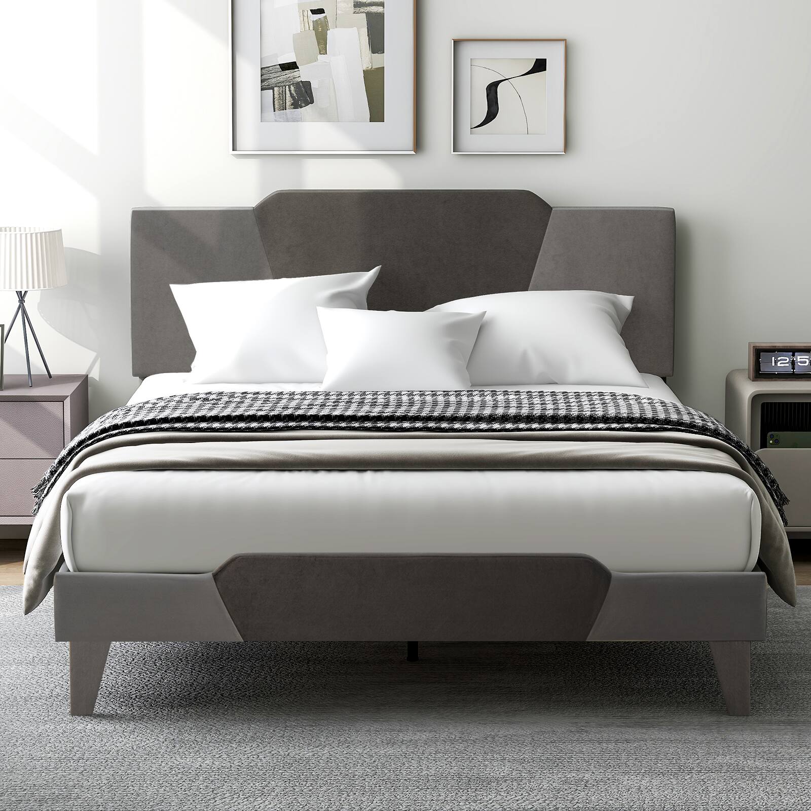 Alt View 9. Ecooso - Queen Velvet Upholstered Bed Frame with High Headboard - Gray.