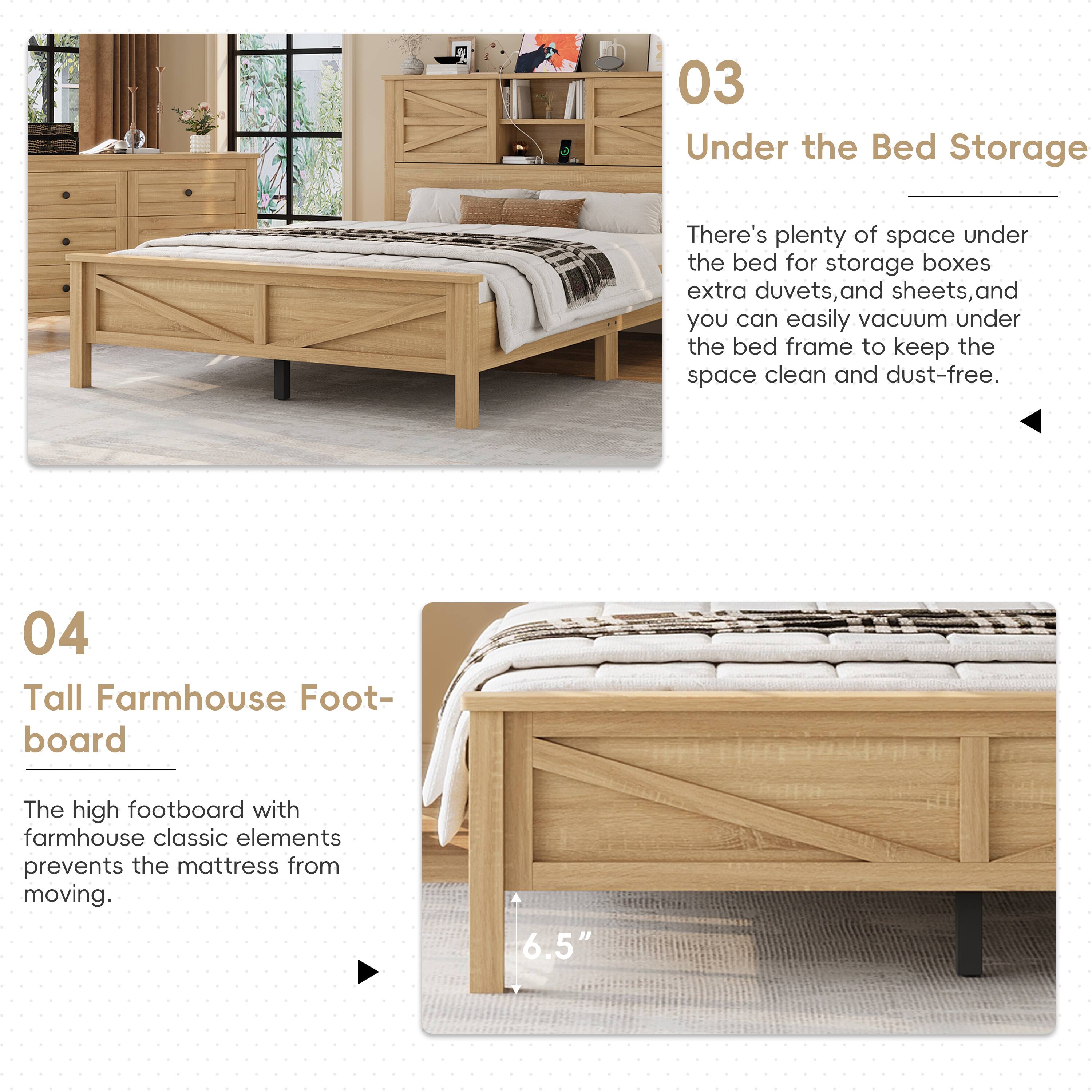 03 Under the Bed Storage  
There's plenty of space under the bed for storage boxes, extra duvets, and sheets, and you can easily vacuum under the bed frame to keep the space clean and dust-free.  

04 Tall Farmhouse Footboard  
The high footboard with farmhouse classic elements prevents the mattress from moving.  

6.5"