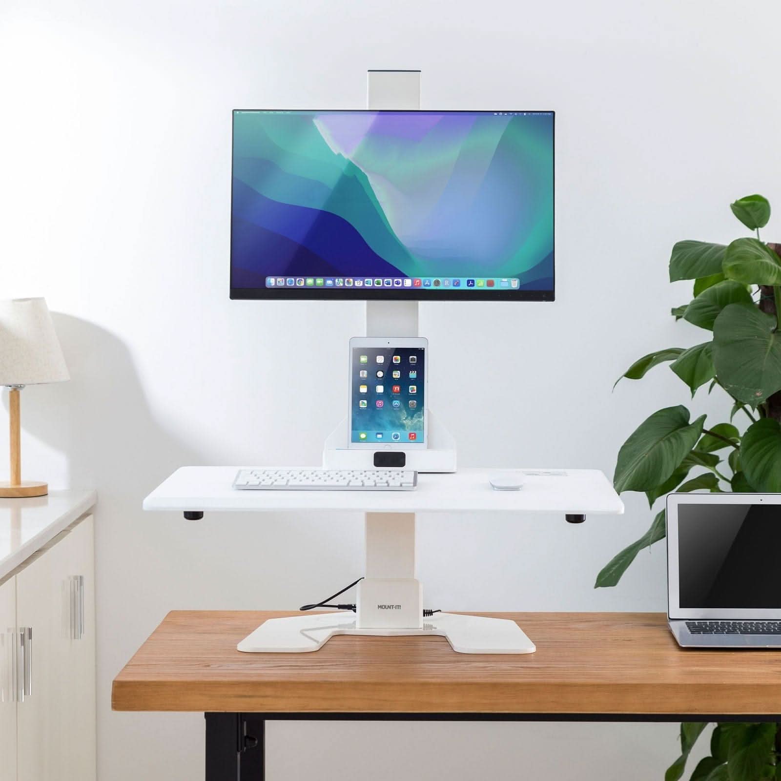 Left. Mount-It! - Electric Standing Desk Converter with Height Adjustment & Built-In Monitor Mount for Ergonomic Sit-Stand Work, White - White.