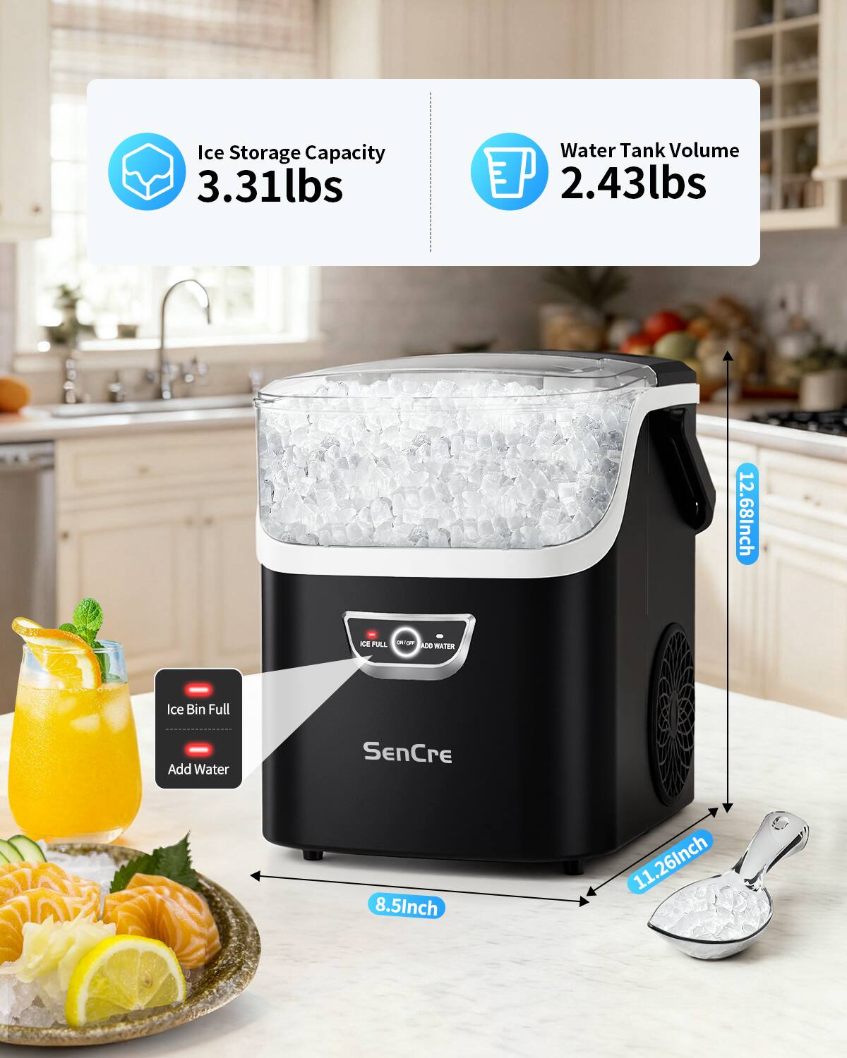 Ice Storage Capacity: 3.31lbs  
Water Tank Volume: 2.43lbs  

Ice Bin Full  
Add Water  

Dimensions:  
- Height: 12.68 inches  
- Width: 11.26 inches  
- Depth: 8.5 inches