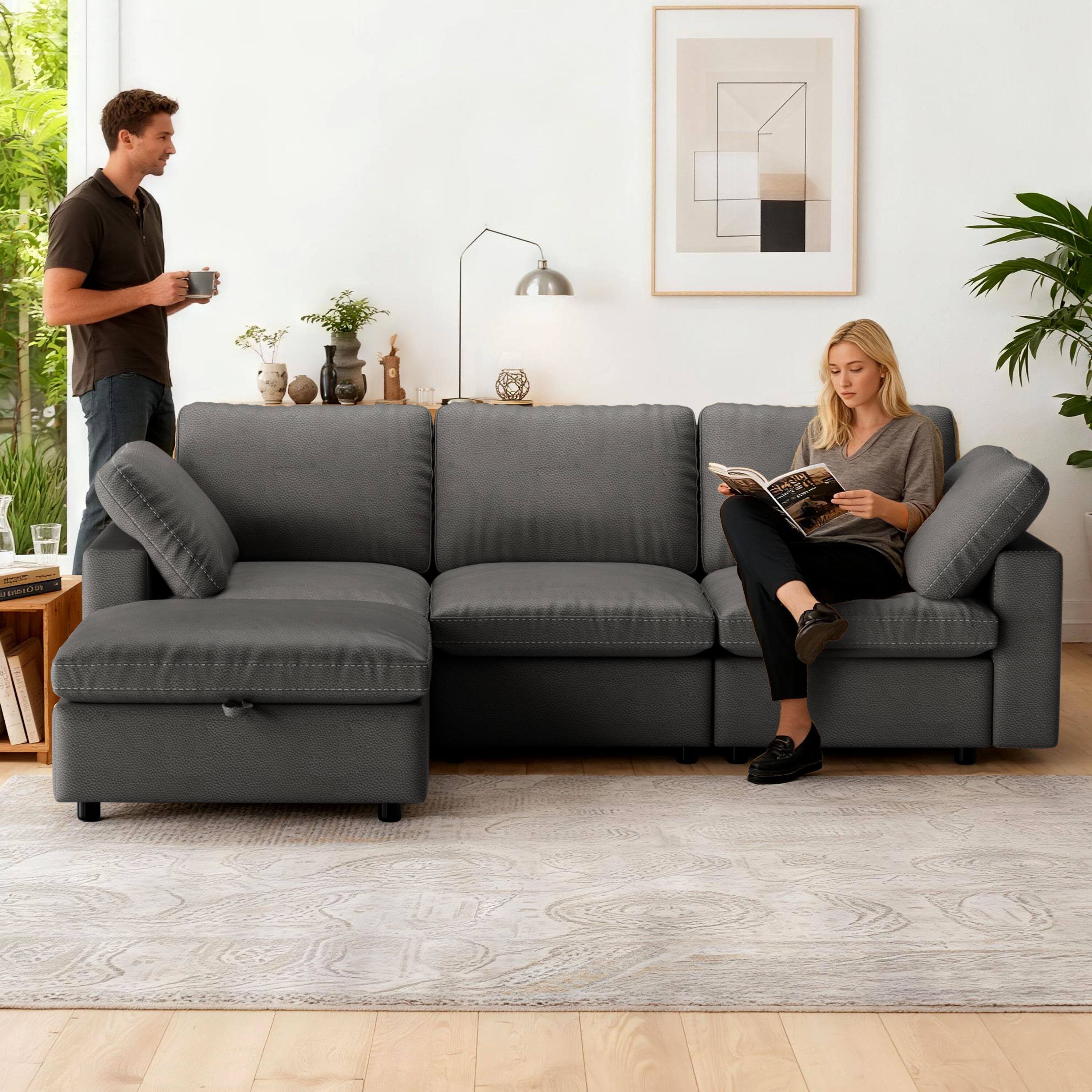 Alt View 3. Dyonery - Dyonery cat paw leather sofa, 3-seat 100-inch large combination sofa, storage stool, widened seat cushion, Grey - Grey.