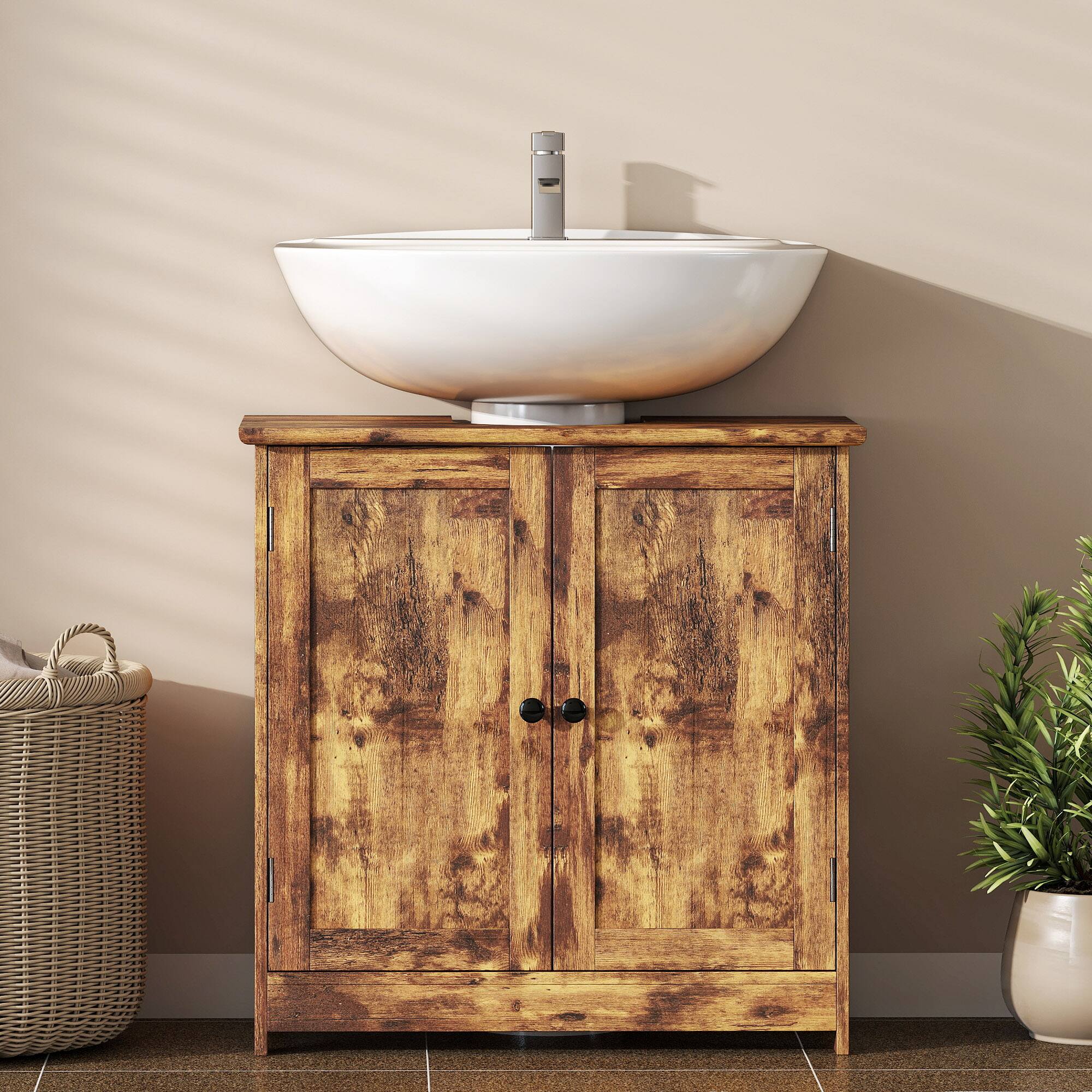 Alt View 5. Homcom - Vanity Cabinet, Under Sink Bathroom Cabinet with 2 Doors and Adjustable Shelf - Rustic Brown.