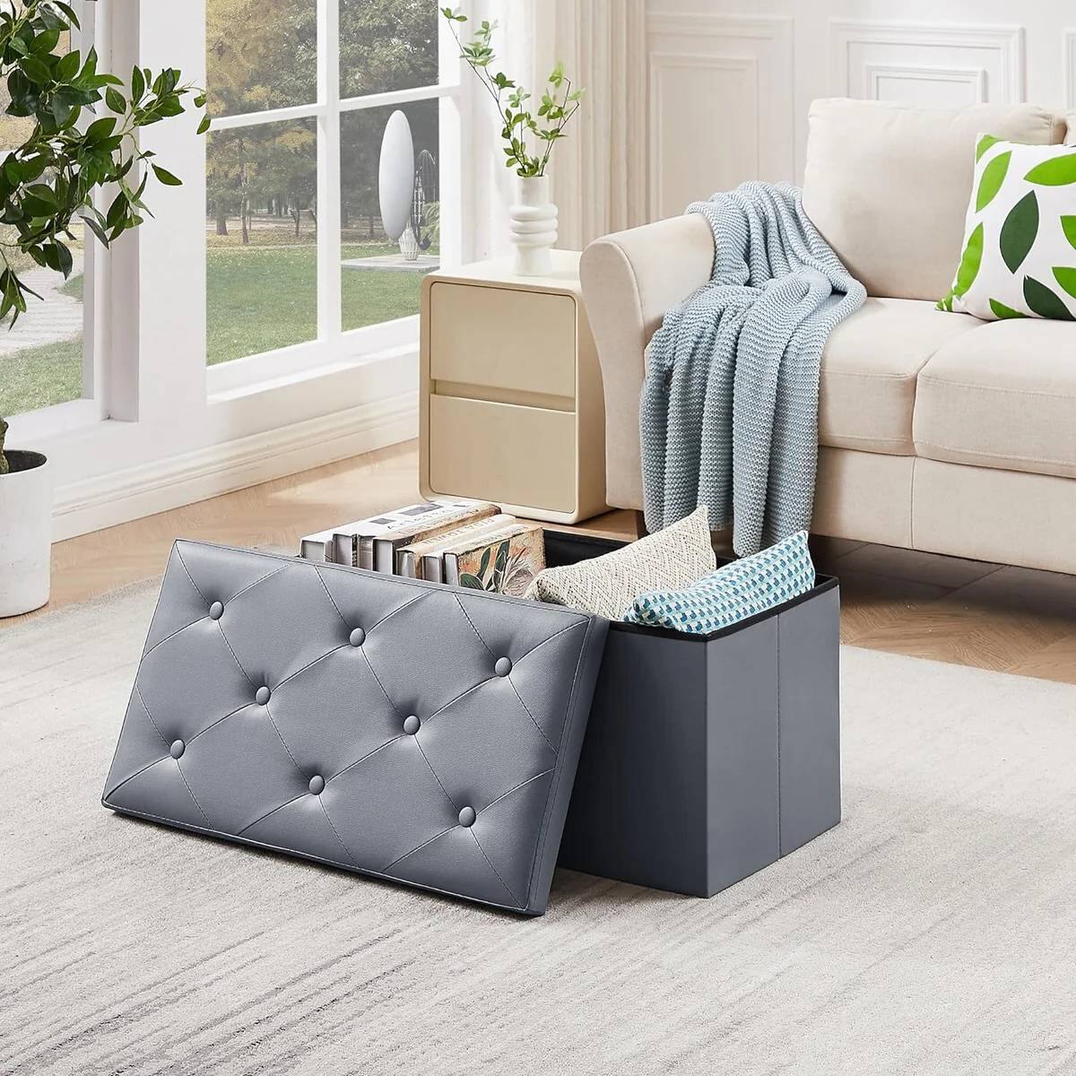 Left. Hivvago - 30-inch Light Grey Faux Leather Upholstered End of Bed Storage Bench Ottoman - Light Grey.