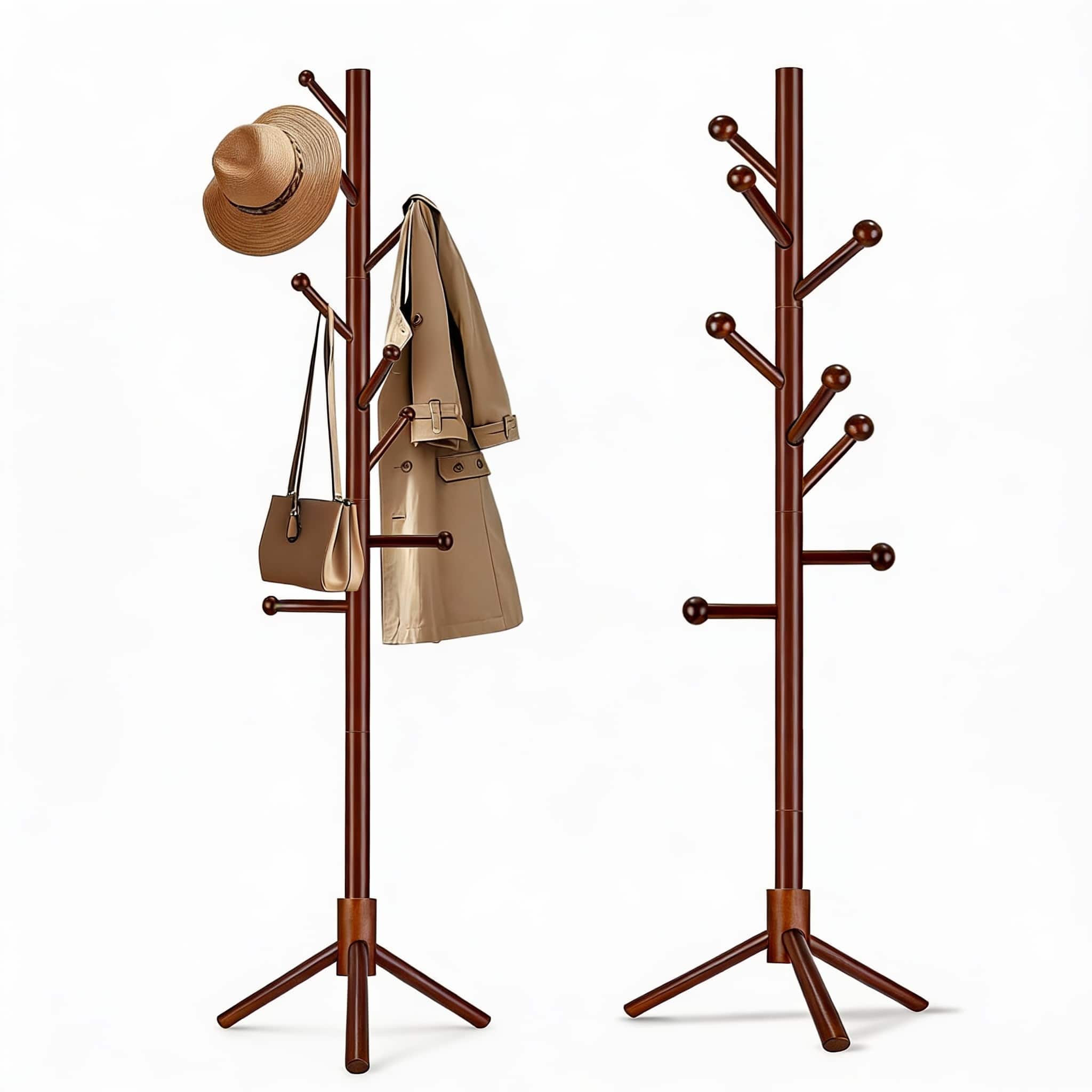 Frangdom - Brown Solid Wood Adjustable Coat Rack 8 Hooks Tripod Base - Brown 21.75"D x 21.75"W x 69"H