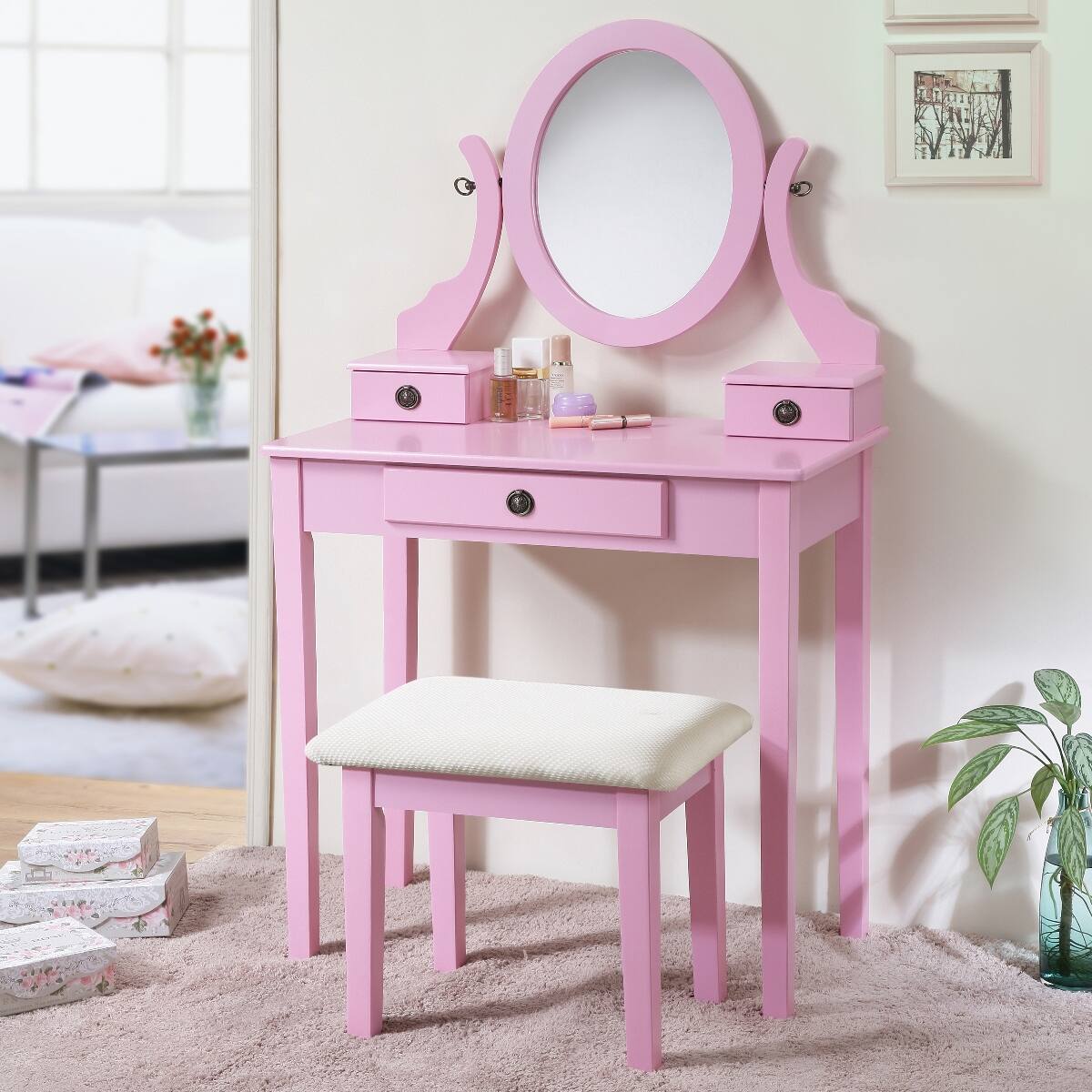 Angle. Loheer - Loheer Pink Makeup Vanity Table with Stool, Adjustable Oval Mirror - Pink.