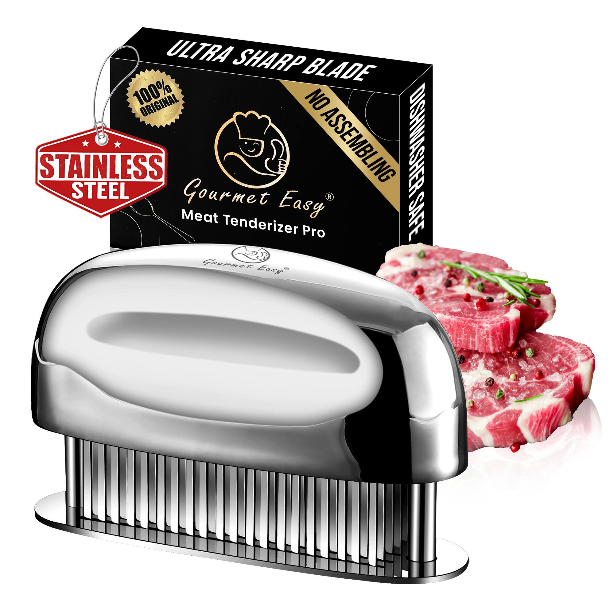 Front. Gourmet Easy - Meat Tenderizer Tool, Ultra Sharp Needle Blades 100% Stainless-Steel, Heavy-Duty Kitchen Gadgets - Stainless Steel.