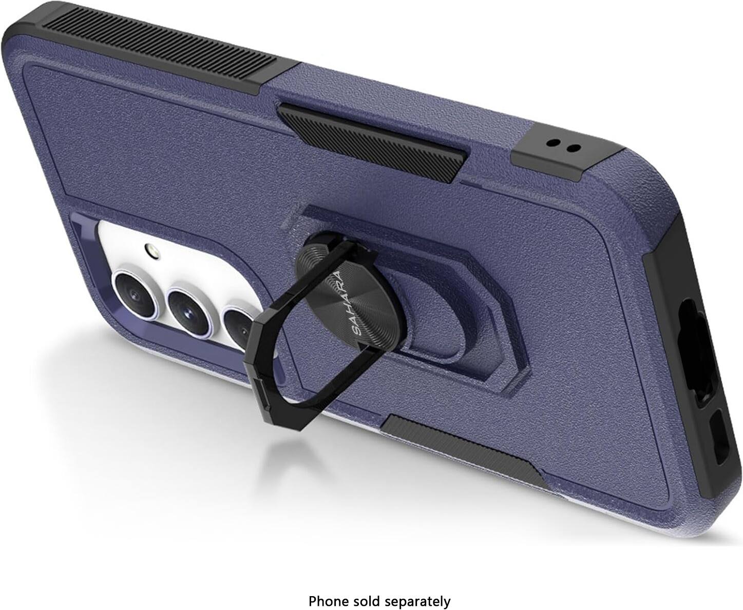 The image shows a blue cell phone case with a camera lens on the back. The case is designed to hold the phone securely and protect it from damage. The phone itself is not visible in the image, but it is implied that it is sold separately.