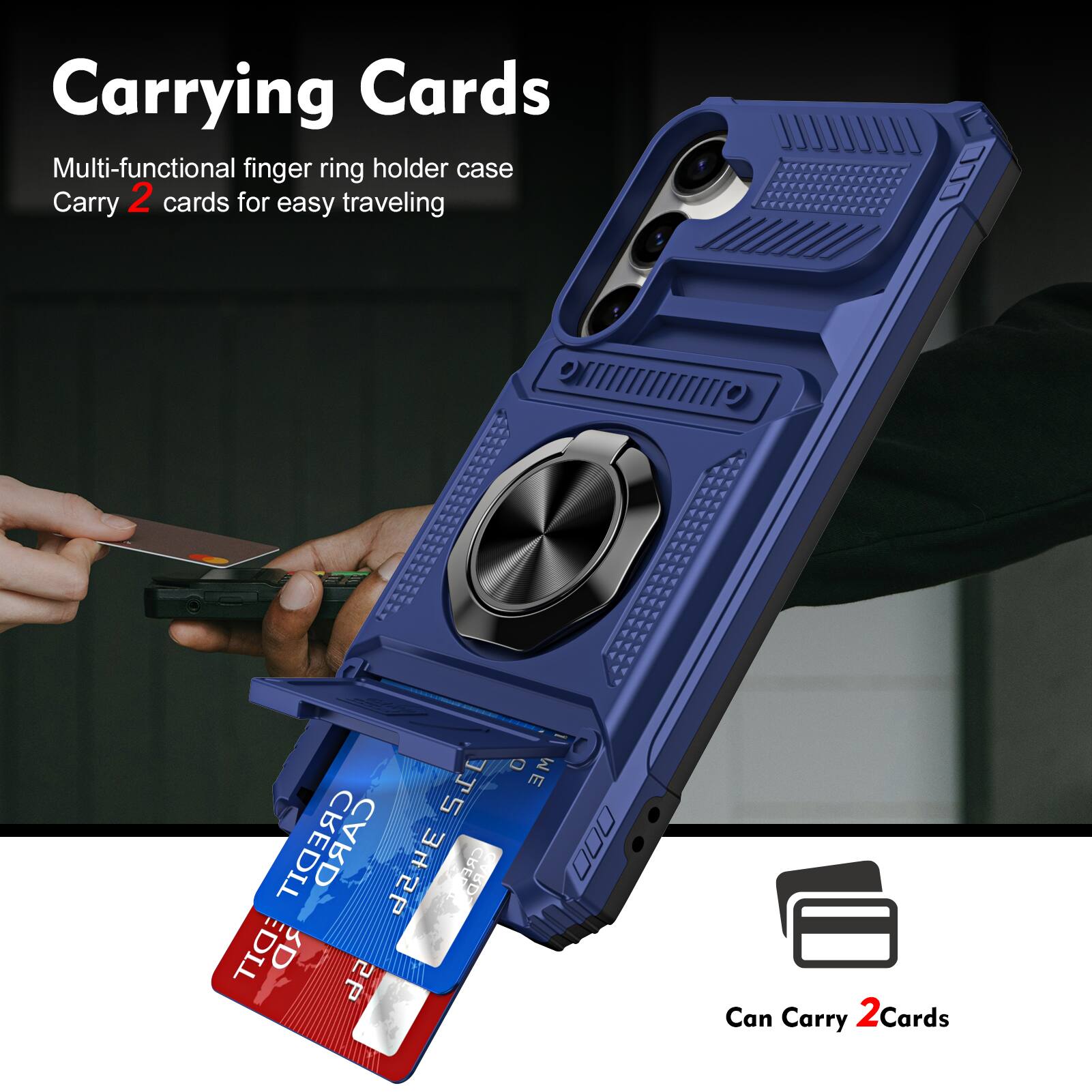 Carrying Cards  
Multi-functional finger ring holder case  
Carry 2 cards for easy traveling  

Can Carry 2 Cards