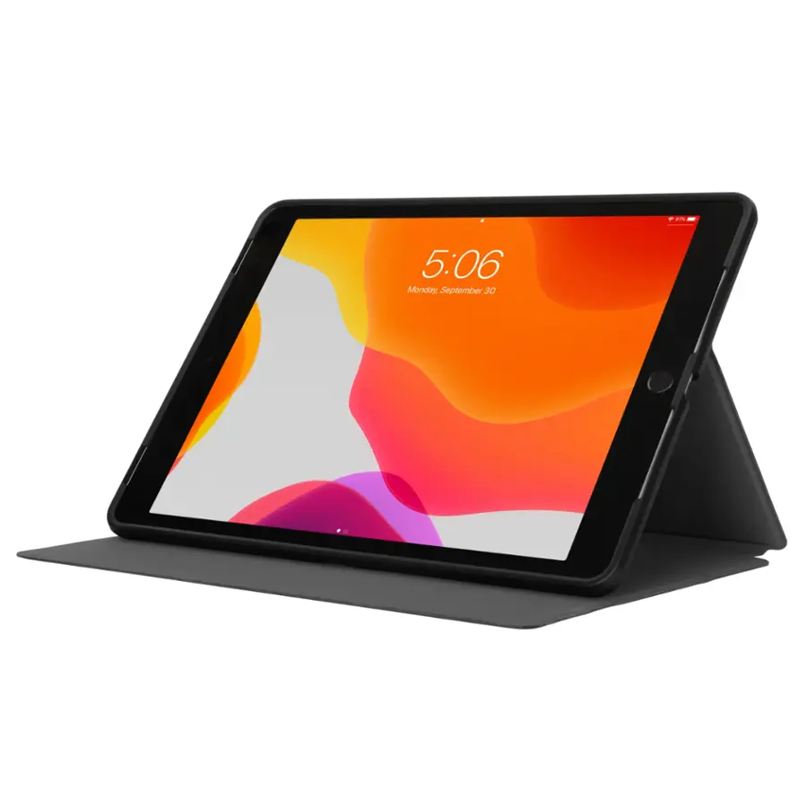 The image shows a tablet computer with a screen displaying the time of 5:06. The tablet is placed on a stand, which is likely designed to hold the device in an upright position. The time displayed on the screen suggests that the photo was taken on Monday, September 30th.