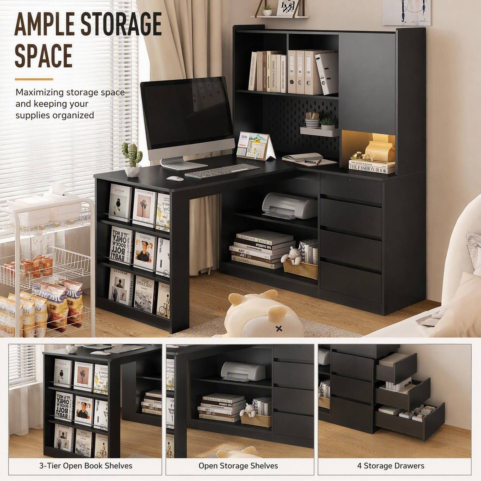 AMPLE STORAGE SPACE  
Maximizing storage space and keeping your supplies organized  

EFASH BONBOOK  
Doy  
Mong  
TOKS ONLY BOCKW ROLL BABY! Avonasin DRILLAYS  
CINE ART NGC  

3-Tier Open Book Shelves  
Open Storage Shelves  
4 Storage Drawers