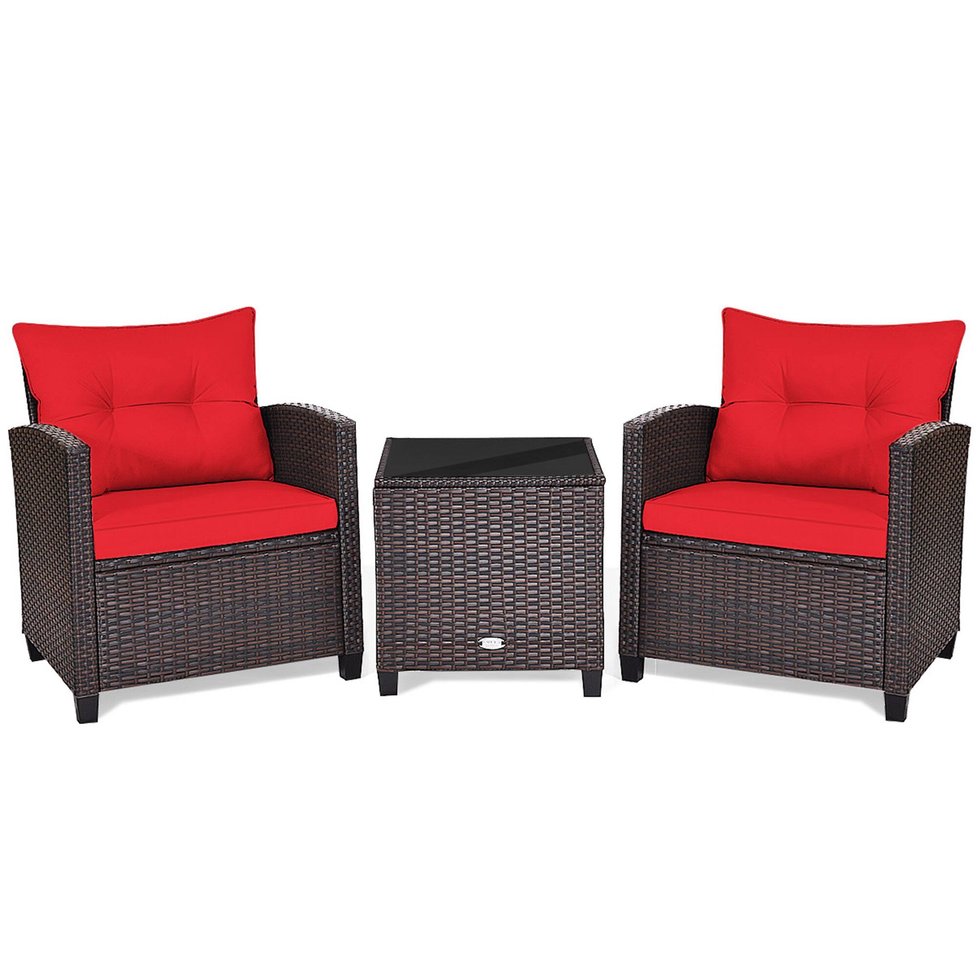 Alt View 3. Gymax - Gymax 3PCS Outdoor Patio Rattan Conversation Set w/ Coffee Table Red Cushion - Mix Brown.